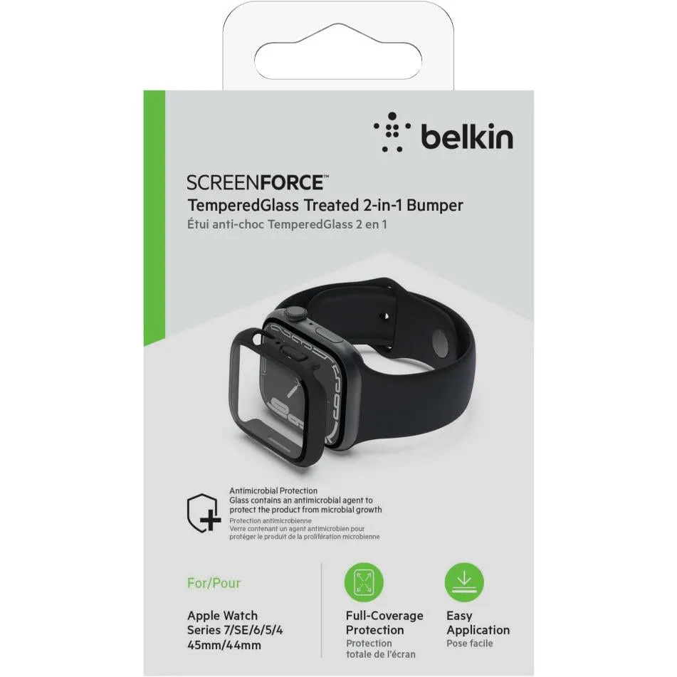 Belkin Tempered Glass Screen Protector for Apple Watch 45mm 4/5/6/SE/SE2/7/8 & 9 (Black)