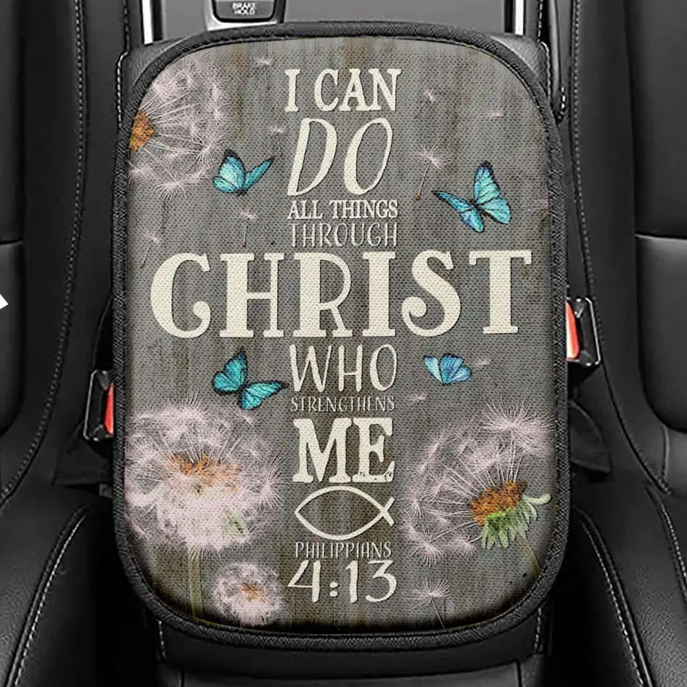 Bible Verse I Can Do All Things Through Christ Dandelion Seat Box Cover, Bible Verse Car Center Console Cover, Scripture Interior Car Accessories