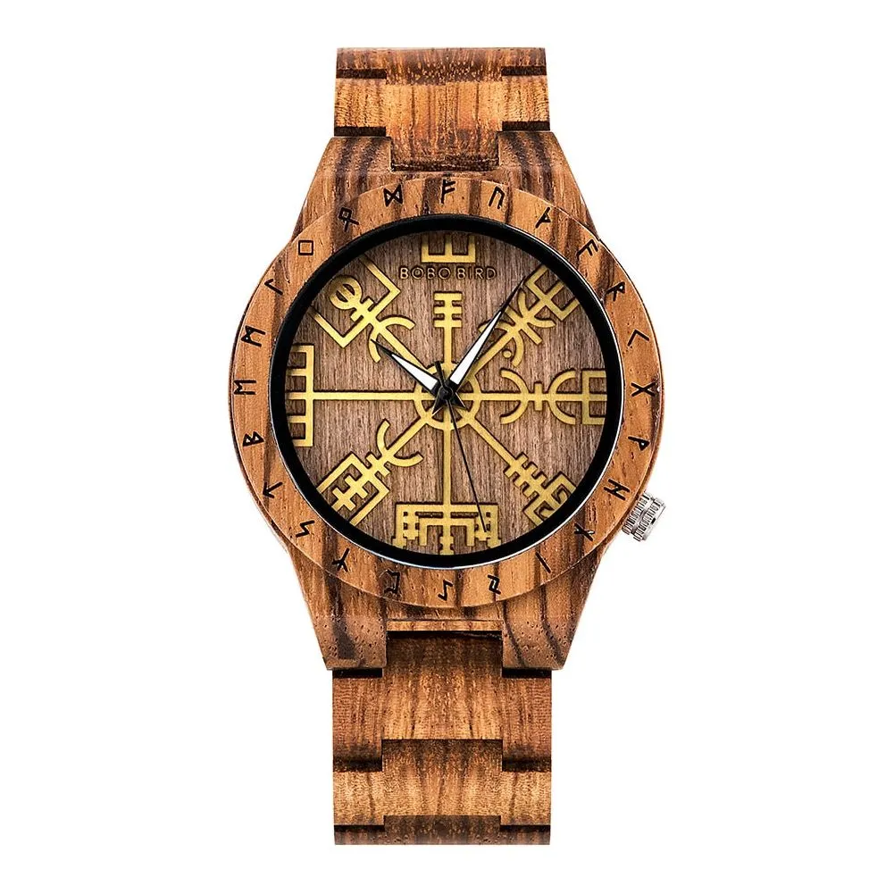 BOBO BIRD Wood Norse Rune Compass Men's Watches Luxury Wooden Strap Bamboo Gift Box