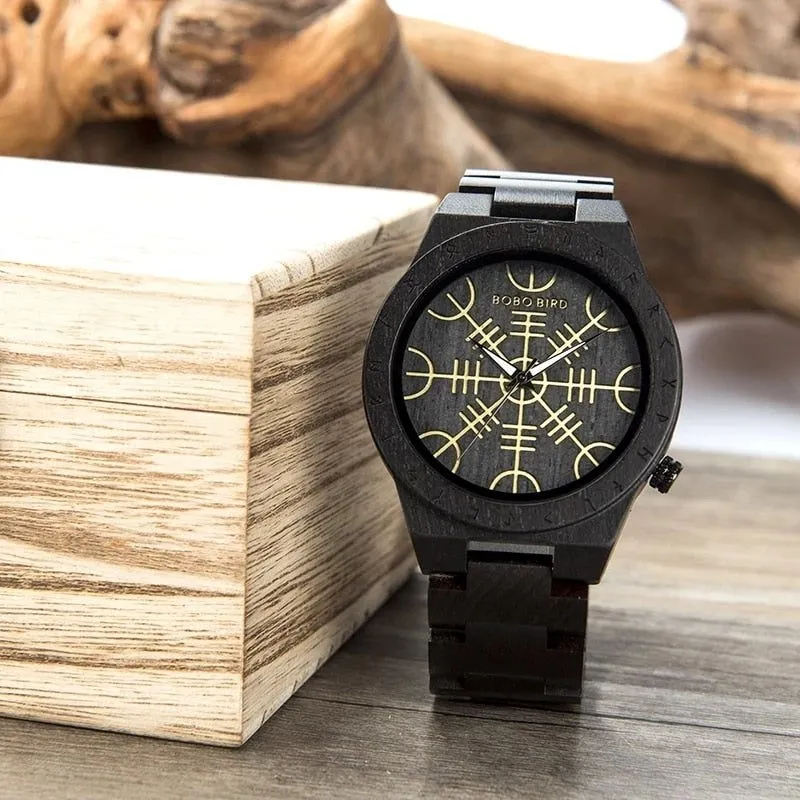 BOBO BIRD Wood Norse Rune Compass Men's Watches Luxury Wooden Strap Bamboo Gift Box