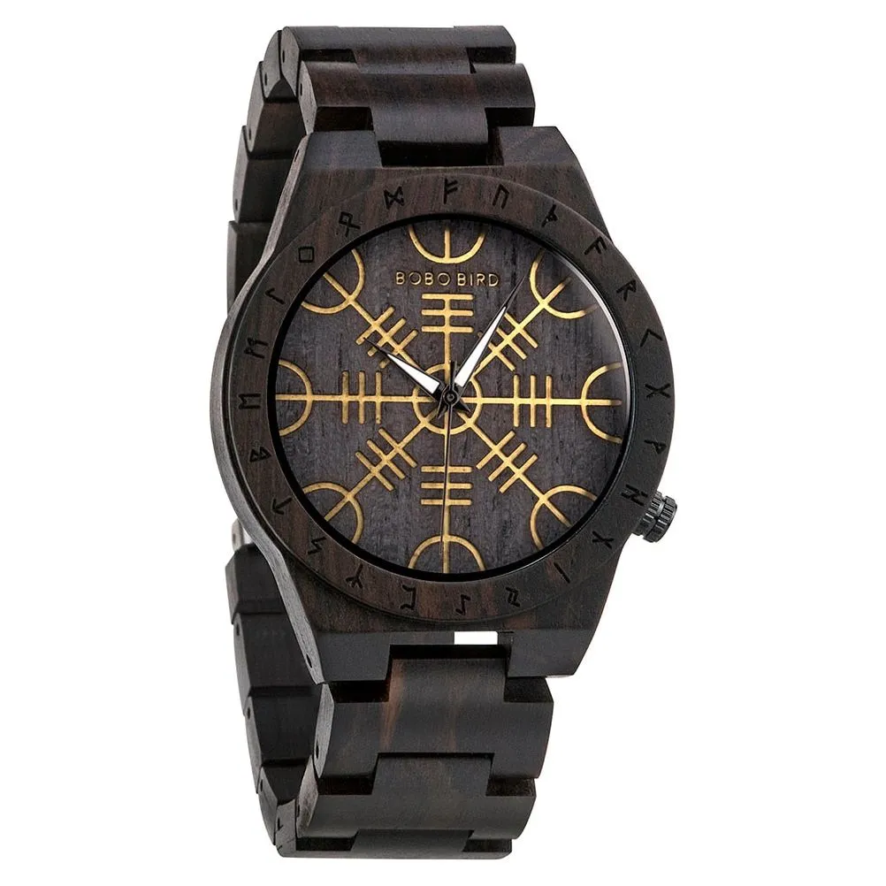 BOBO BIRD Wood Norse Rune Compass Men's Watches Luxury Wooden Strap Bamboo Gift Box