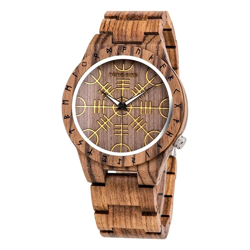 BOBO BIRD Wood Norse Rune Compass Men's Watches Luxury Wooden Strap Bamboo Gift Box