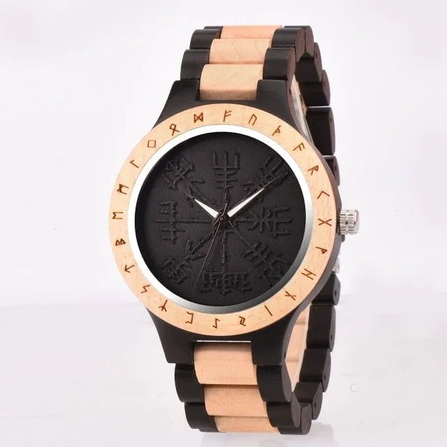 BOBO BIRD Wood Norse Rune Compass Men's Watches Luxury Wooden Strap Bamboo Gift Box