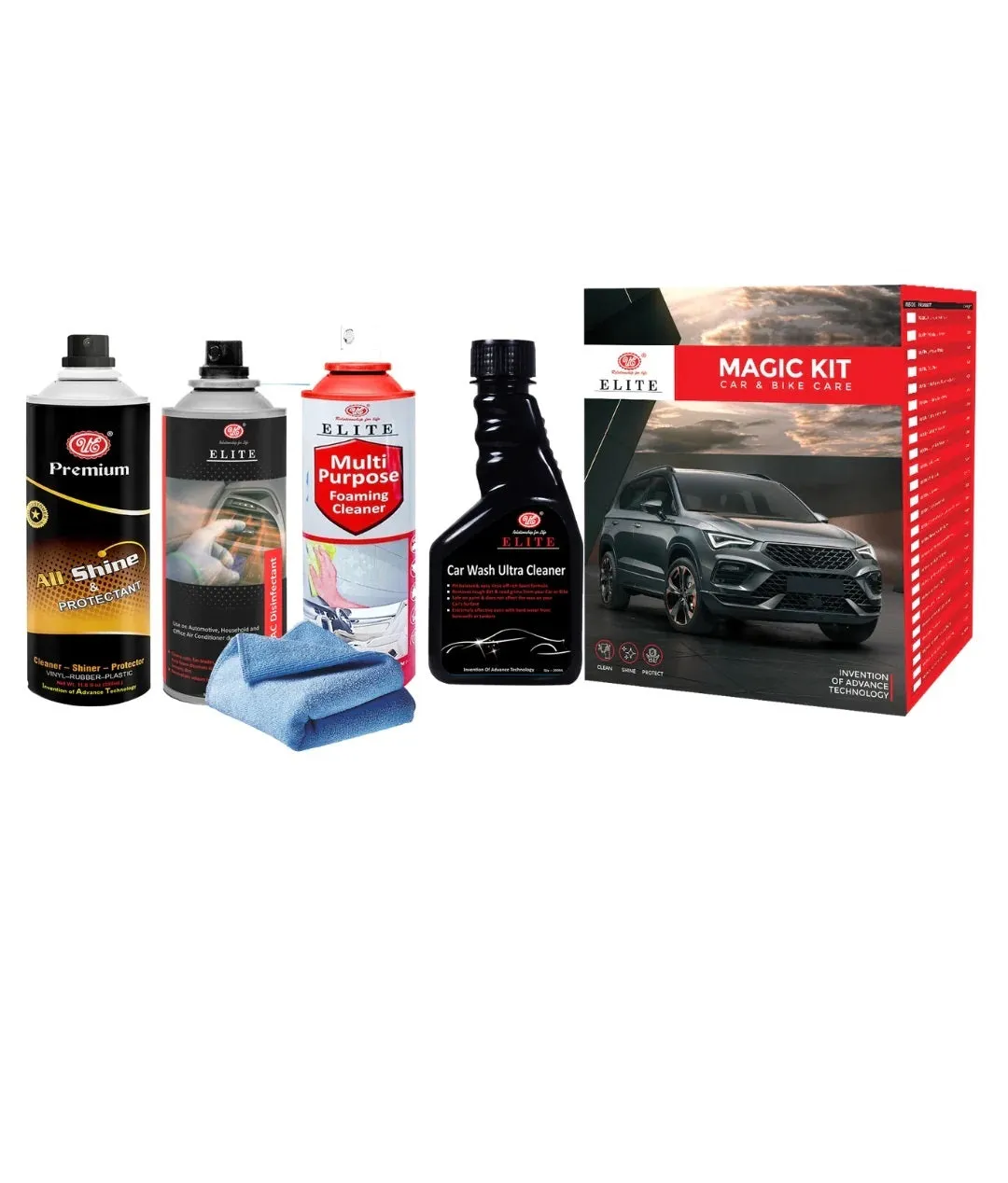 Car Care Products Kit, Car Washing Kit, Car Maintenance Kit with Car Wash Shampoo, All Shine Spray, Ac Cleaner Spray, Interior Cleaner Spray. Micro Fibre Cloth Free