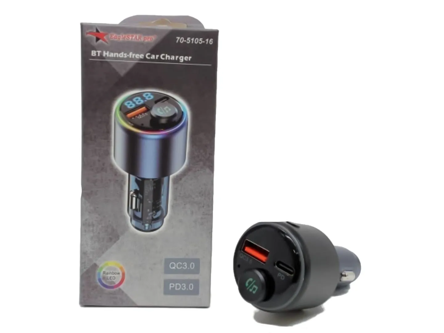 Car charger for phone or tablet - super fast PD Type-C and fast USB-A - BT and FB transmitter