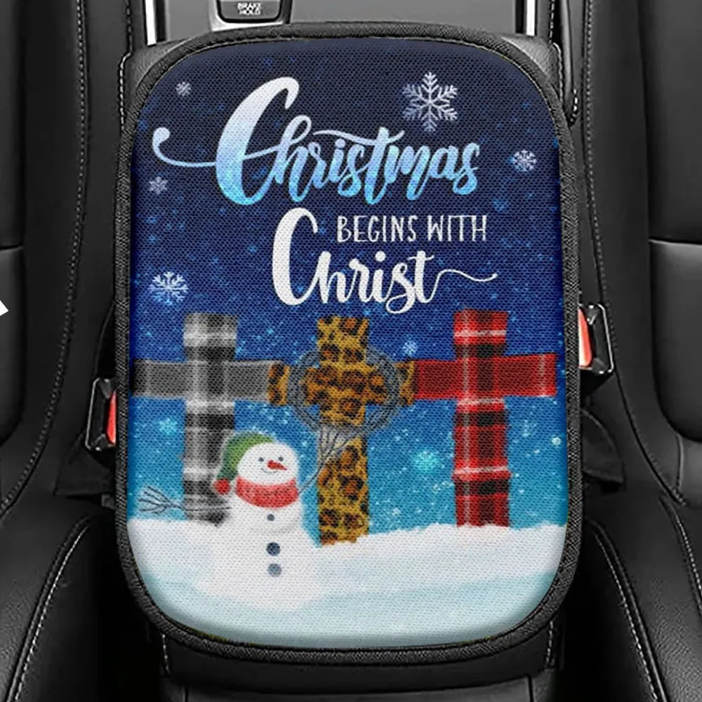 Christmas Begins With Christ Cross Snowman Christmas Seat Box Cover, Bible Verse Car Center Console Cover, Scripture Interior Car Accessories