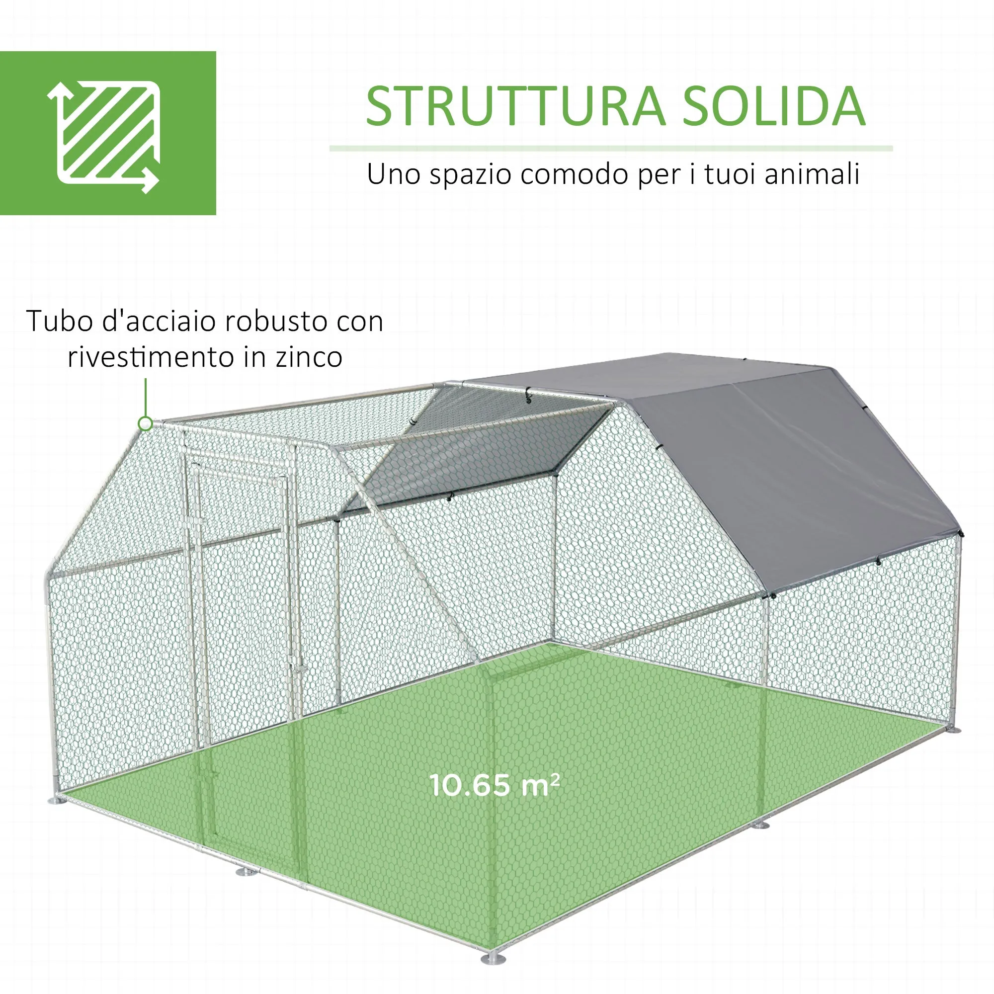 Easycomfort Recinto Gabbia per Galline da Esterno in Metallo Galvanizzato, Pollaio per Galline Ovaiole da Esterno, Porta con Blocco e Sezione con Tessuto Oxford, 280x380x195 cm, Argento