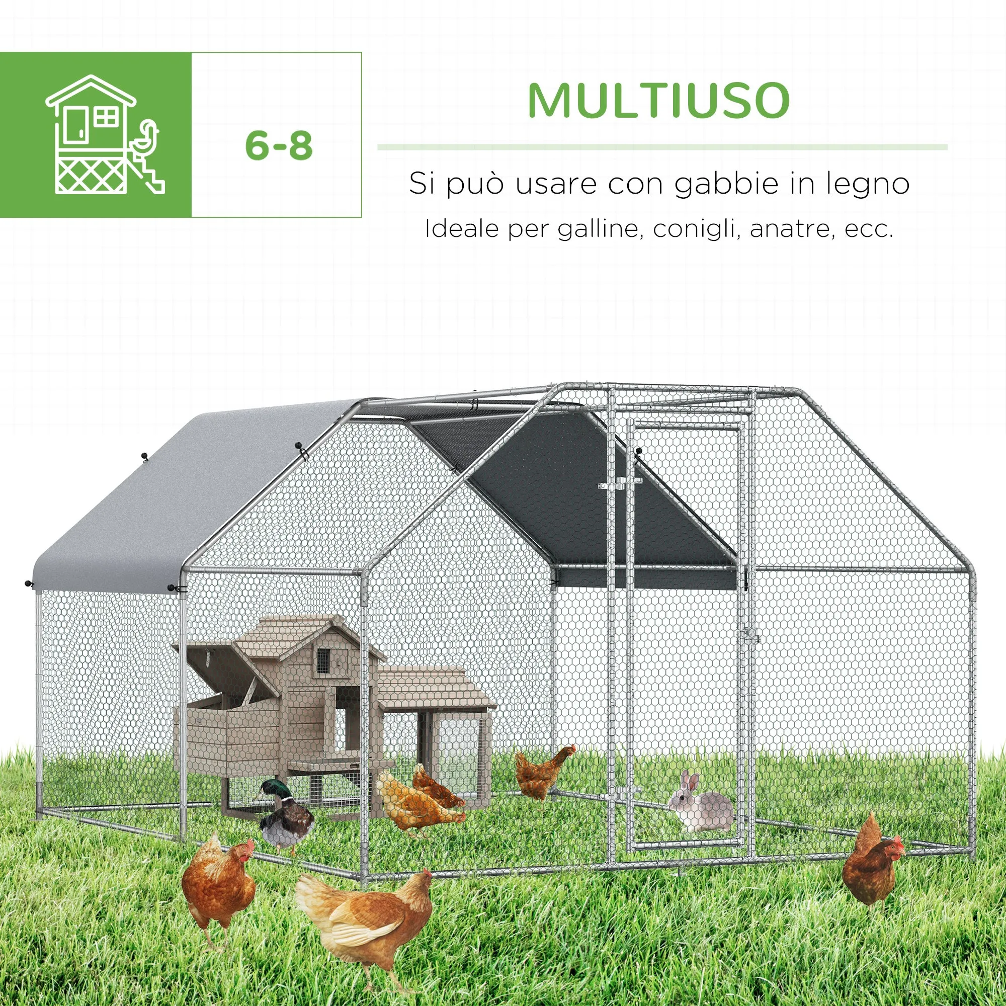 Easycomfort Recinto Gabbia per Galline da Esterno in Metallo Galvanizzato, Pollaio per Galline Ovaiole da Esterno, Porta con Blocco e Sezione con Tessuto Oxford, 280x380x195 cm, Argento