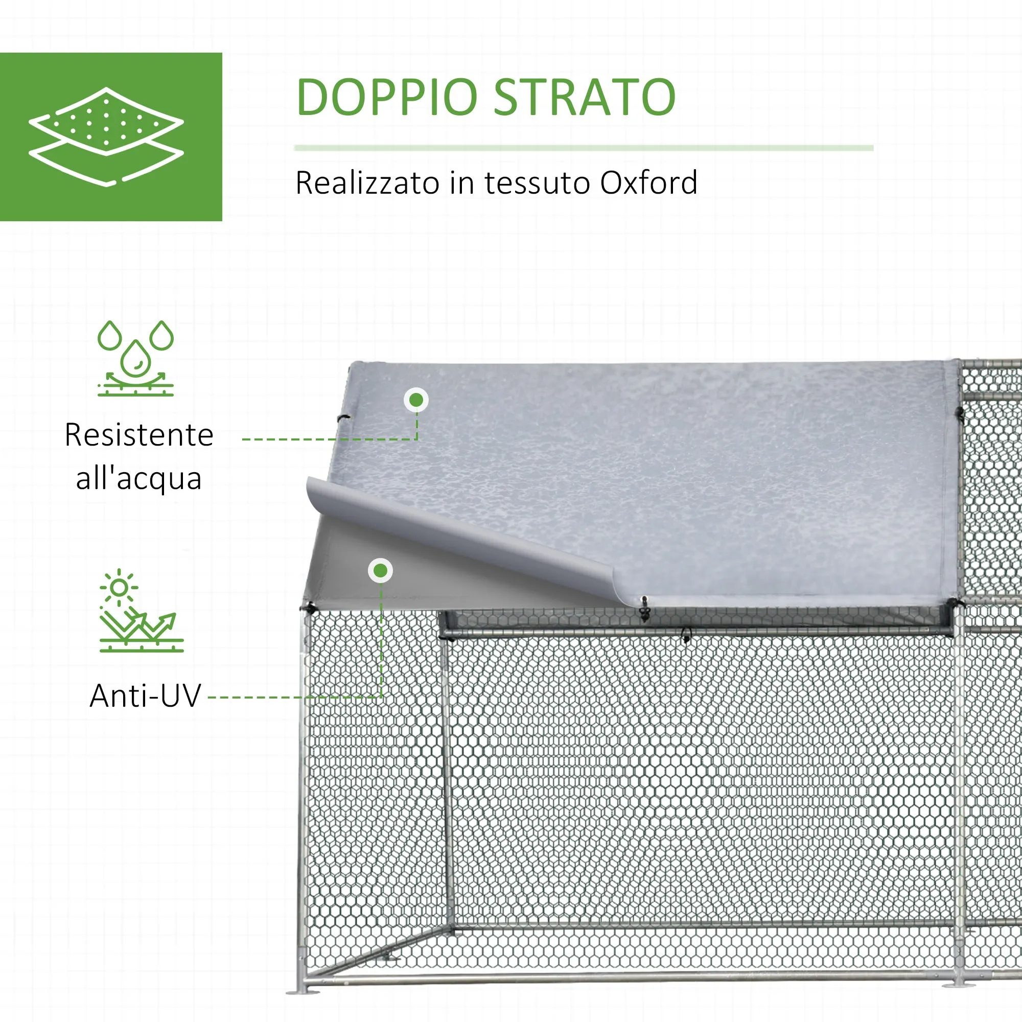 Easycomfort Recinto Gabbia per Galline da Esterno in Metallo Galvanizzato, Pollaio per Galline Ovaiole da Esterno, Porta con Blocco e Sezione con Tessuto Oxford, 280x380x195 cm, Argento