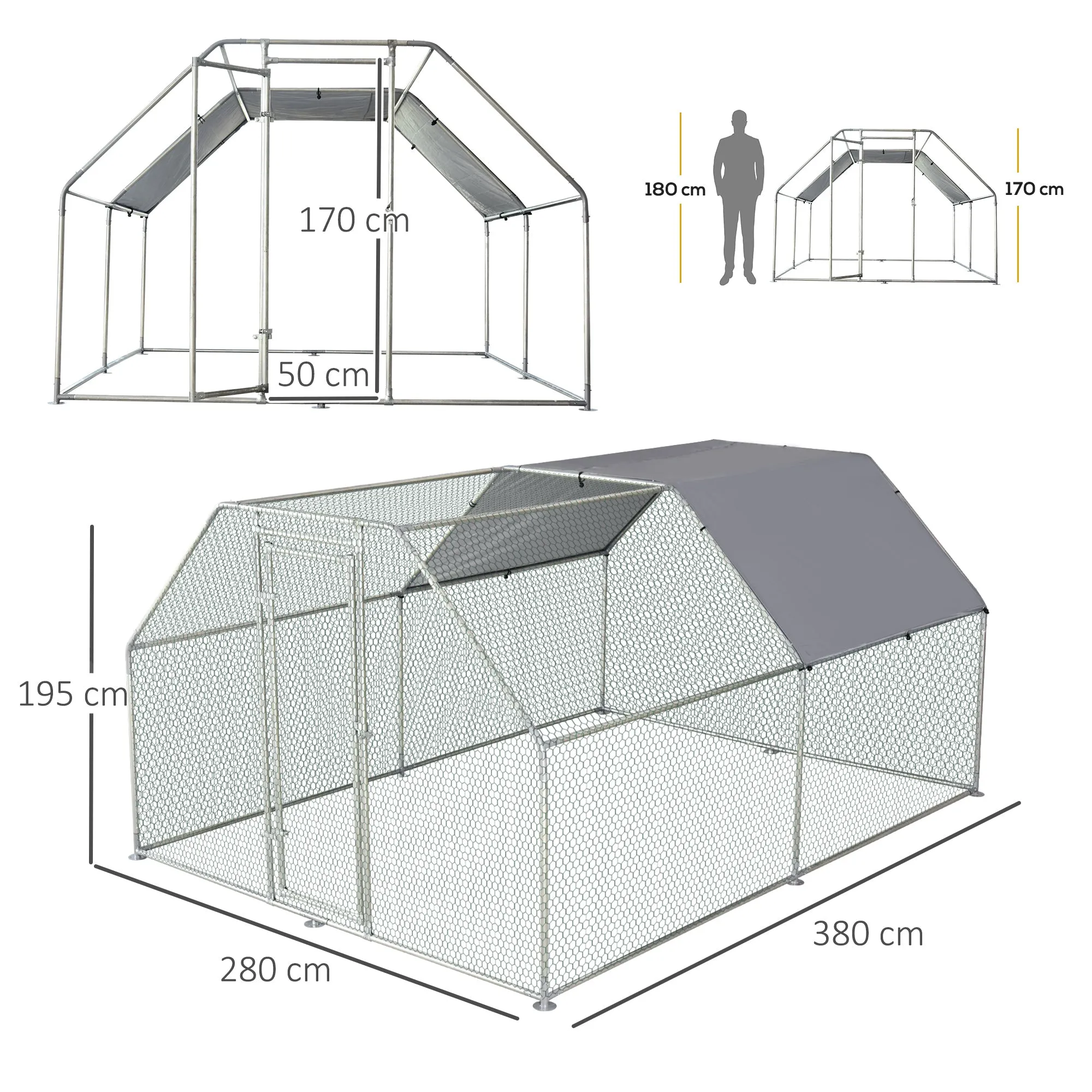 Easycomfort Recinto Gabbia per Galline da Esterno in Metallo Galvanizzato, Pollaio per Galline Ovaiole da Esterno, Porta con Blocco e Sezione con Tessuto Oxford, 280x380x195 cm, Argento