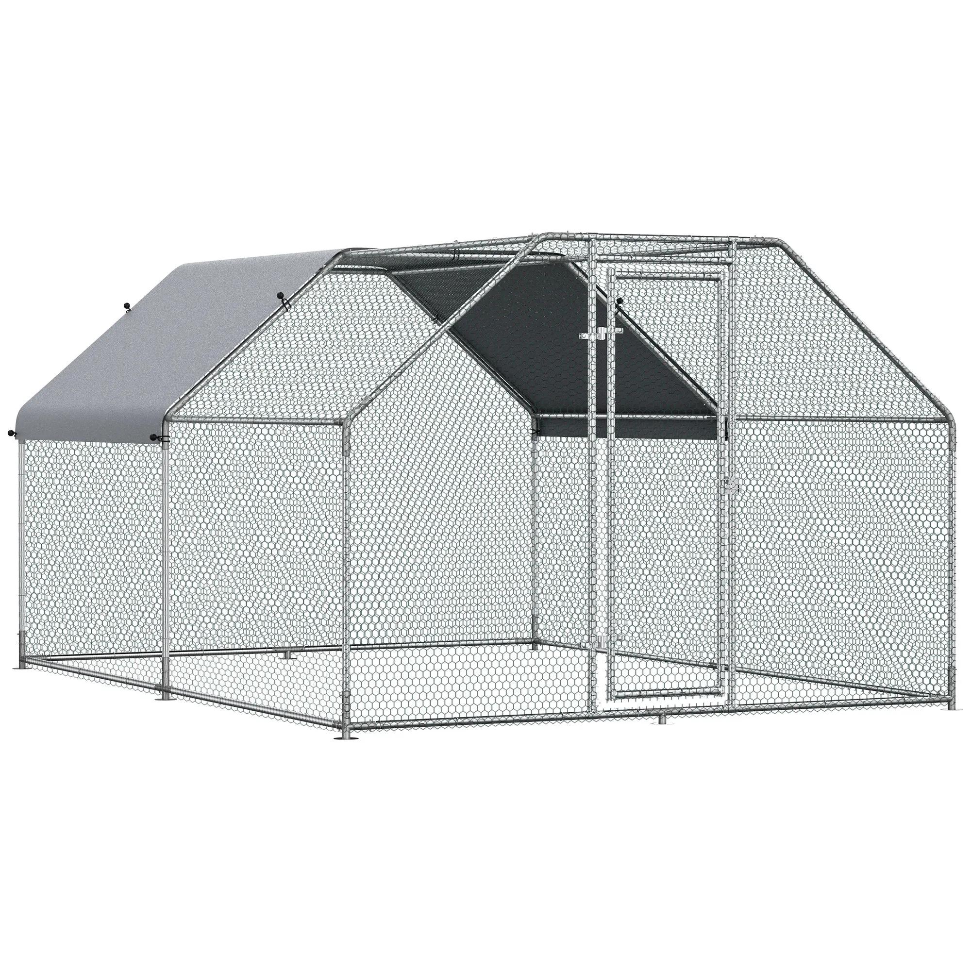 Easycomfort Recinto Gabbia per Galline da Esterno in Metallo Galvanizzato, Pollaio per Galline Ovaiole da Esterno, Porta con Blocco e Sezione con Tessuto Oxford, 280x380x195 cm, Argento