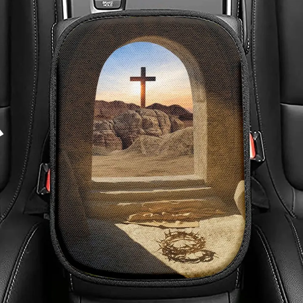 Empty Tomb Crown Of Thorns Rugged Cross Seat Box Cover, Christian Car Center Console Cover, Easter Interior Car Accessories