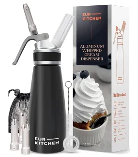 EurKitchen Professional Aluminum Whipped Cream Dispenser - Leak-Free Whip Cream Maker Canister with 3 Decorating Nozzles & Cleaning Brush - 1-Pint / 500 mL Cream Whipper - N2O Chargers (Not Included)