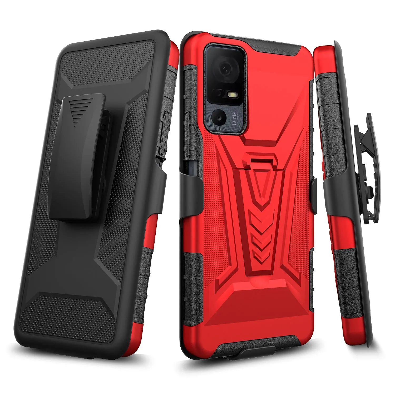 For Alcatel Jitterbug Smart 4 Case with Tempered Glass Screen Protector Heavy Duty Protective Phone Case,Built-in Kickstand Rugged Shockproof Protective Phone Case - Red