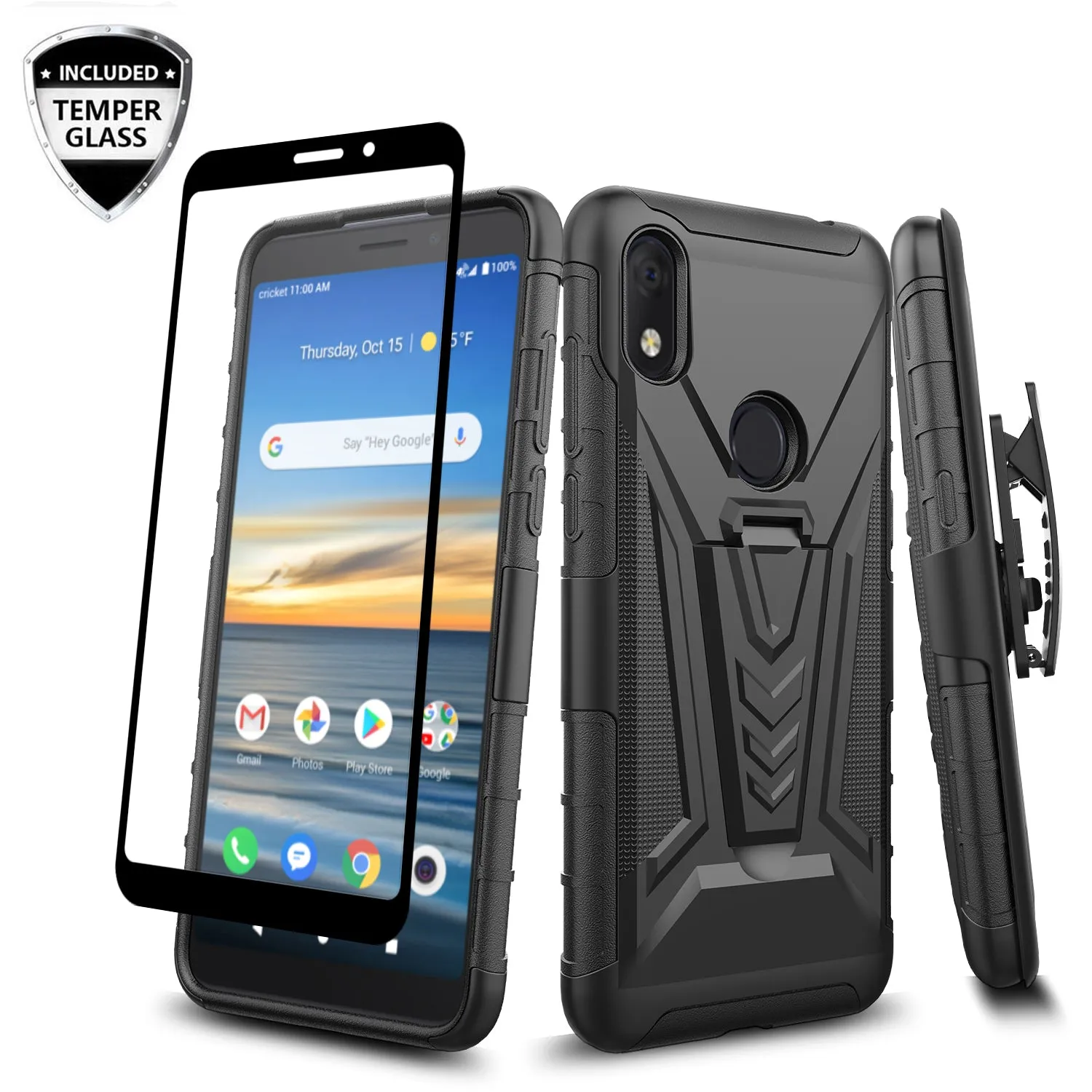 For Alcatel Jitterbug Smart3 Case ,Lively Smart Case with Tempered Glass Screen Protector Heavy Duty Protective Phone Case,Built-in Kickstand Rugged Shockproof Protective Phone Case - Black