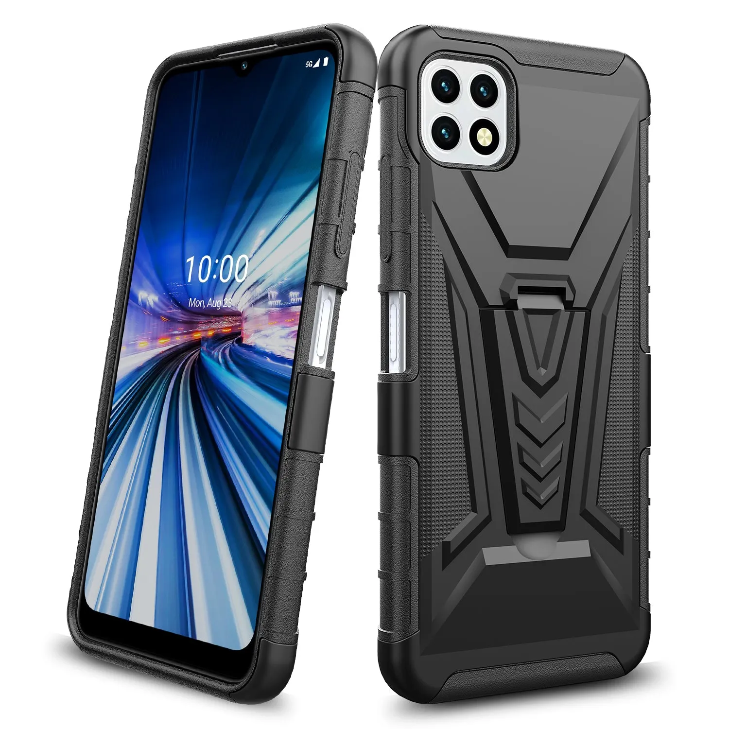 For Boost Celero 5G Case with Tempered Glass Screen Protector Heavy Duty Protective Phone Case,Built-in Kickstand Rugged Shockproof Protective Phone Case - Black