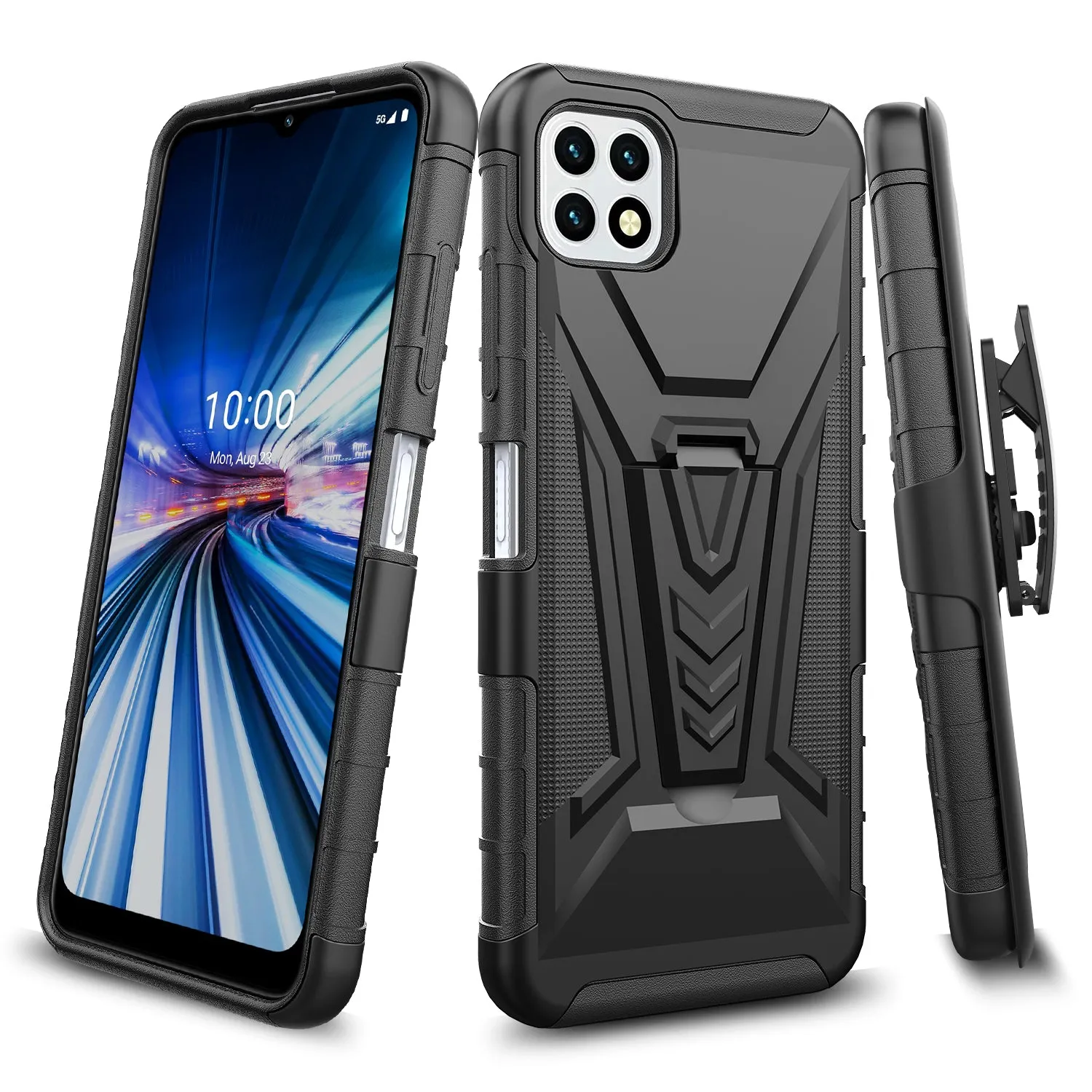 For Boost Celero 5G Case with Tempered Glass Screen Protector Heavy Duty Protective Phone Case,Built-in Kickstand Rugged Shockproof Protective Phone Case - Black