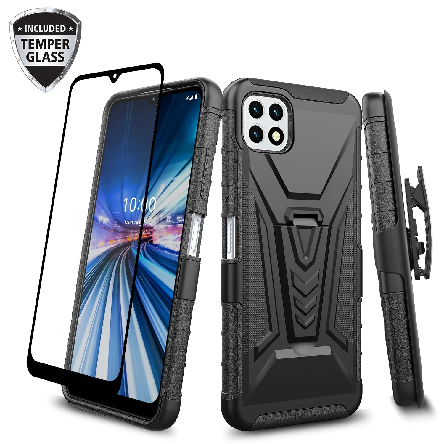 For Boost Celero 5G Case with Tempered Glass Screen Protector Heavy Duty Protective Phone Case,Built-in Kickstand Rugged Shockproof Protective Phone Case - Black