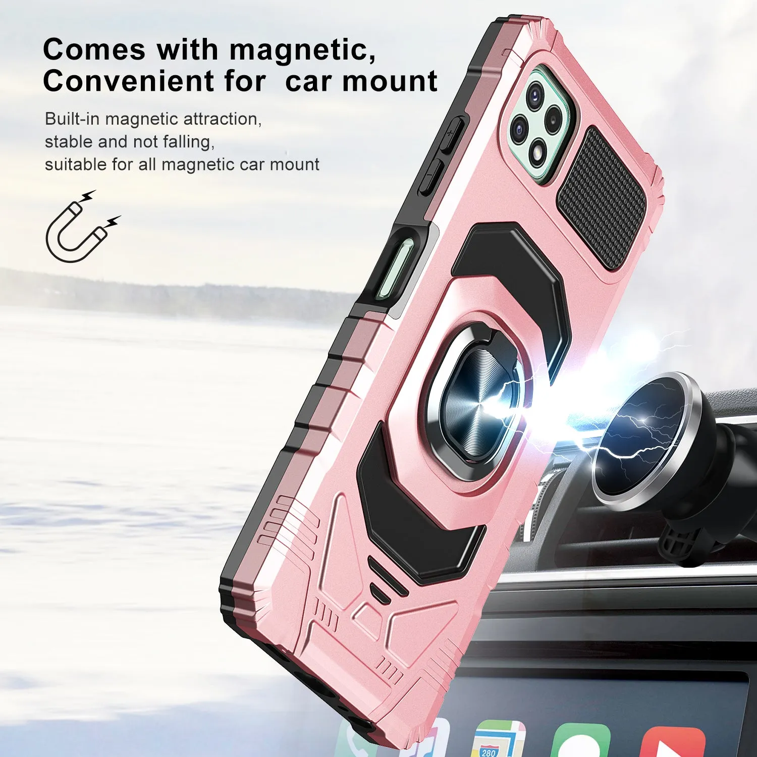 For Boost Celero 5G Case with Tempered Glass Screen Protector Hybrid Ring Shockproof Hard Case Phone Cover - Rose Gold