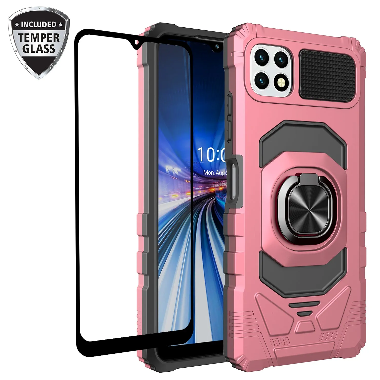 For Boost Celero 5G Case with Tempered Glass Screen Protector Hybrid Ring Shockproof Hard Case Phone Cover - Rose Gold