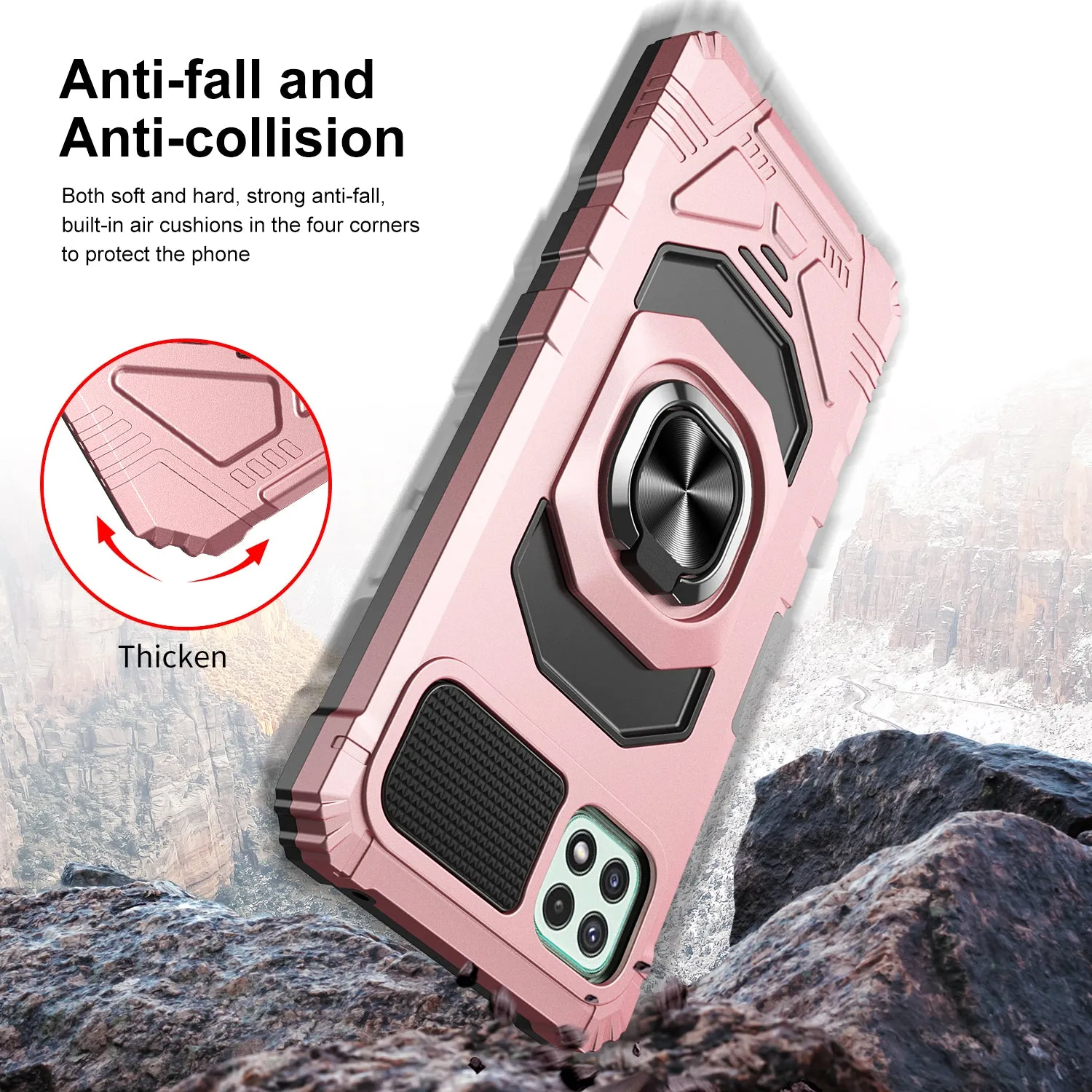 For Boost Celero 5G Case with Tempered Glass Screen Protector Hybrid Ring Shockproof Hard Case Phone Cover - Rose Gold