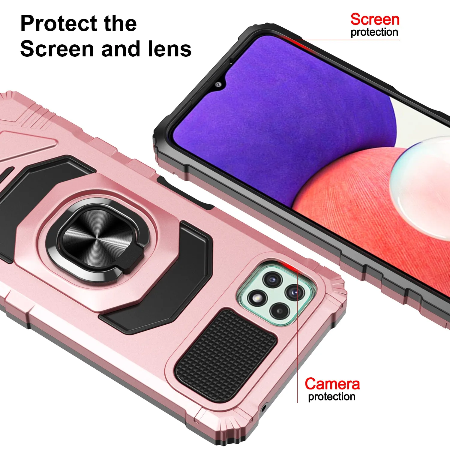 For Boost Celero 5G Case with Tempered Glass Screen Protector Hybrid Ring Shockproof Hard Case Phone Cover - Rose Gold