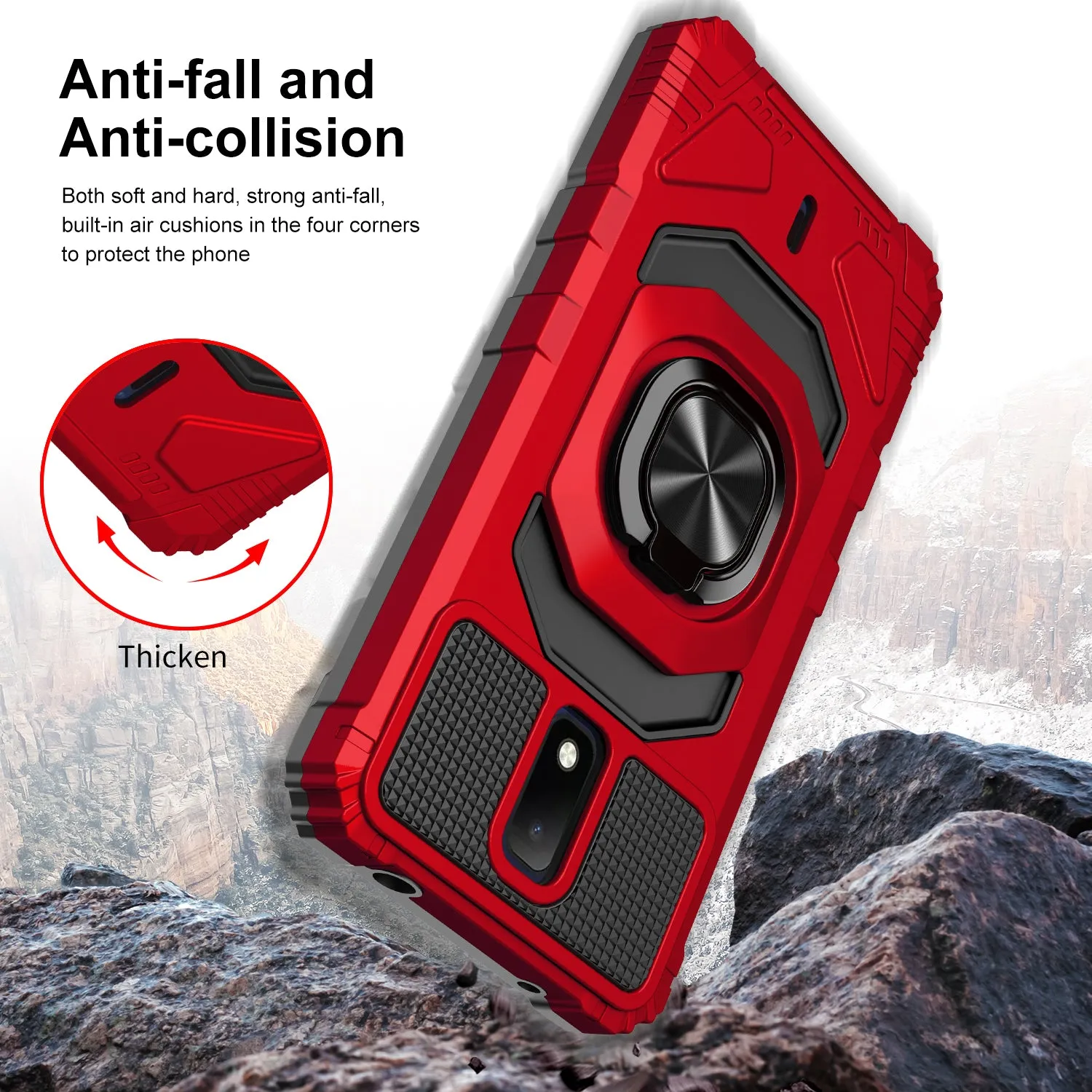 For Cricket Debut Case with Tempered Glass Screen Protector Hybrid Ring Shockproof Hard Case Phone Cover - Red