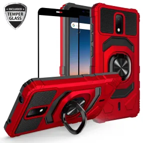 For Cricket Debut Case with Tempered Glass Screen Protector Hybrid Ring Shockproof Hard Case Phone Cover - Red