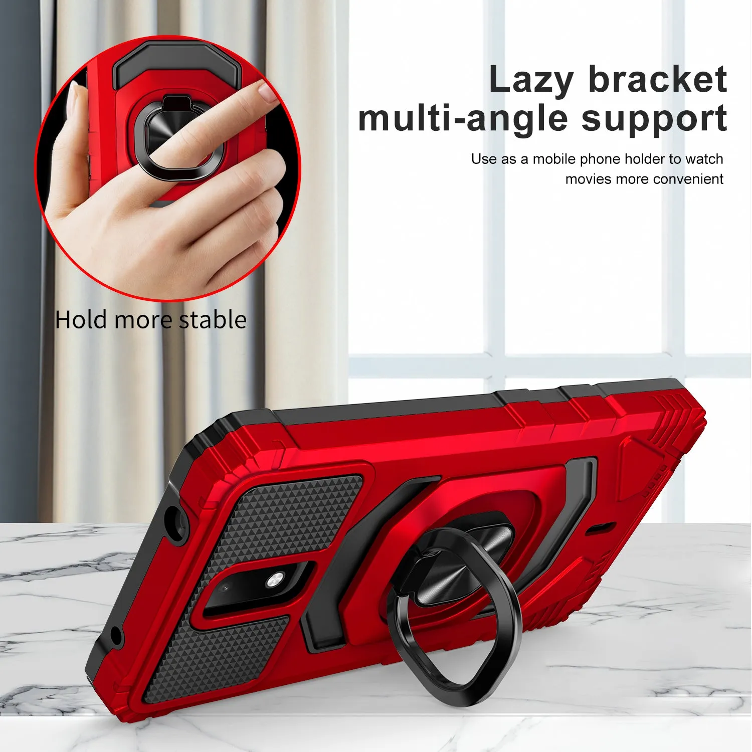 For Cricket Debut Case with Tempered Glass Screen Protector Hybrid Ring Shockproof Hard Case Phone Cover - Red