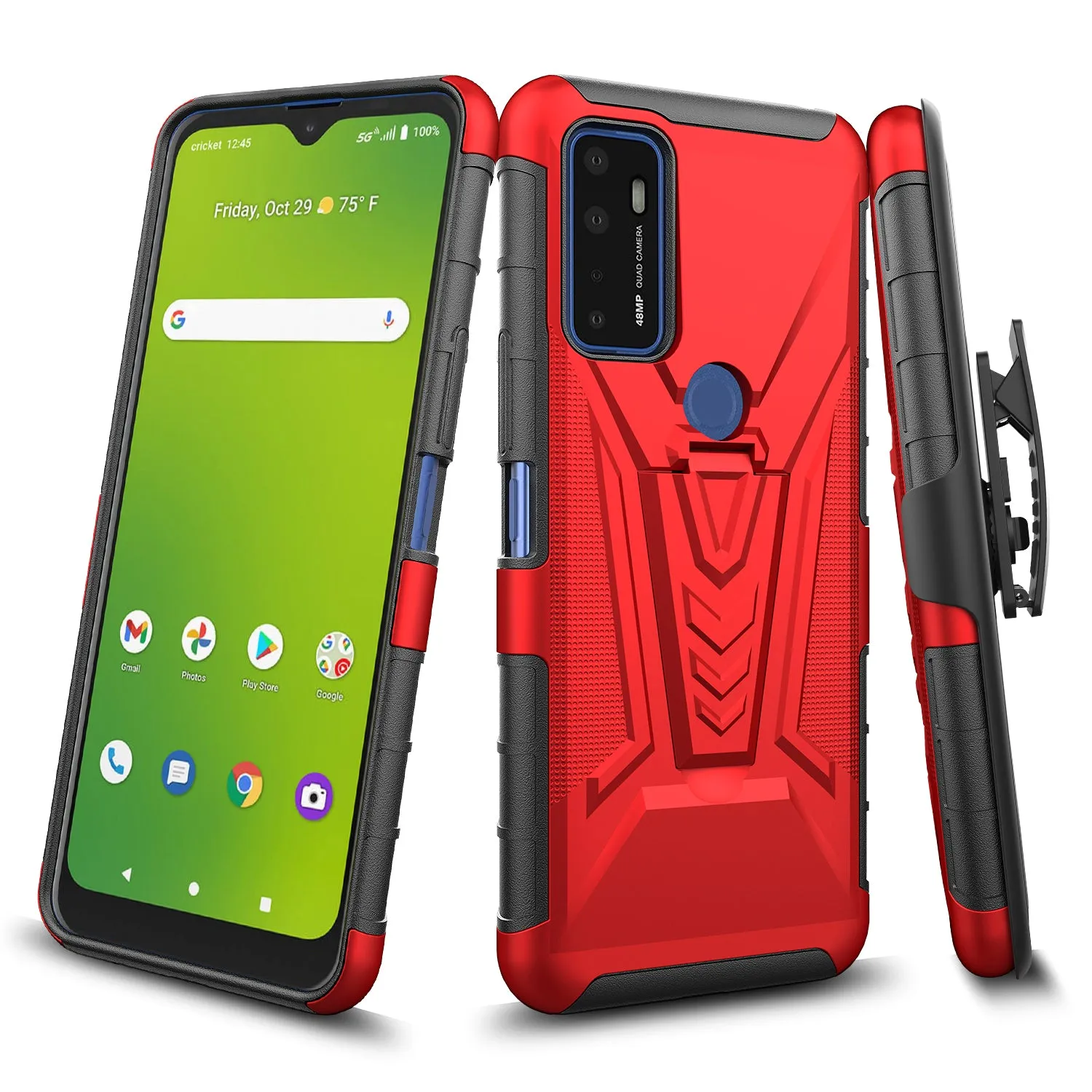 For Cricket Dream 5G / AT&T Radiant Max 5G / AT&T Fusion 5G Case with Tempered Glass Screen Protector Heavy Duty Protective Phone Case,Built-in Kickstand Rugged Shockproof Protective Phone Case - Red