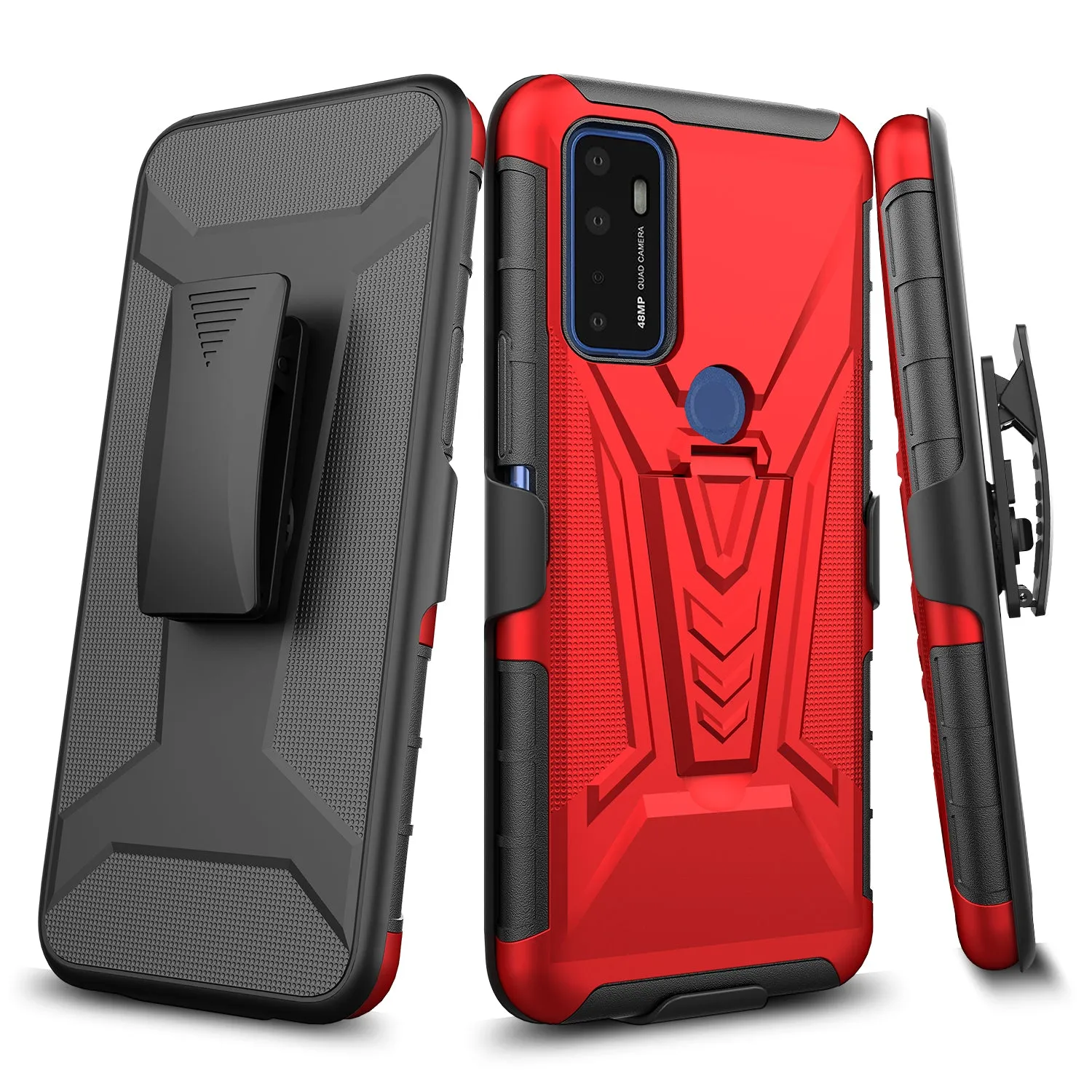 For Cricket Dream 5G / AT&T Radiant Max 5G / AT&T Fusion 5G Case with Tempered Glass Screen Protector Heavy Duty Protective Phone Case,Built-in Kickstand Rugged Shockproof Protective Phone Case - Red