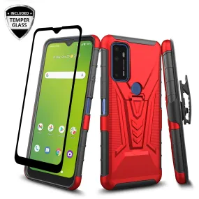 For Cricket Dream 5G / AT&T Radiant Max 5G / AT&T Fusion 5G Case with Tempered Glass Screen Protector Heavy Duty Protective Phone Case,Built-in Kickstand Rugged Shockproof Protective Phone Case - Red