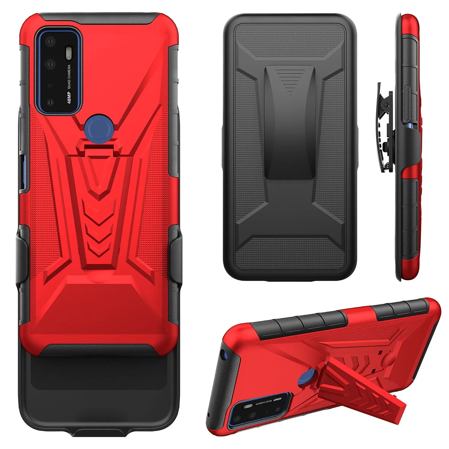 For Cricket Dream 5G / AT&T Radiant Max 5G / AT&T Fusion 5G Case with Tempered Glass Screen Protector Heavy Duty Protective Phone Case,Built-in Kickstand Rugged Shockproof Protective Phone Case - Red