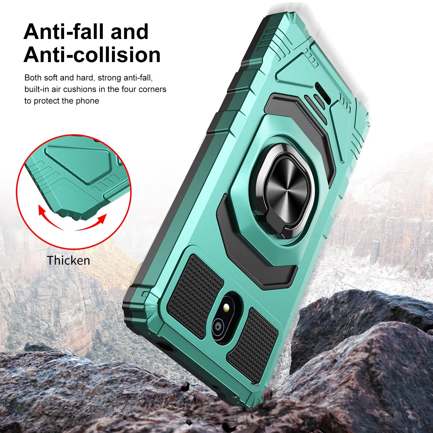 For Nokia C100 Case [Military Grade] Ring Car Mount Kickstand w/[Tempered Glass] Hybrid Hard PC Soft TPU Shockproof Protective Case - Teal