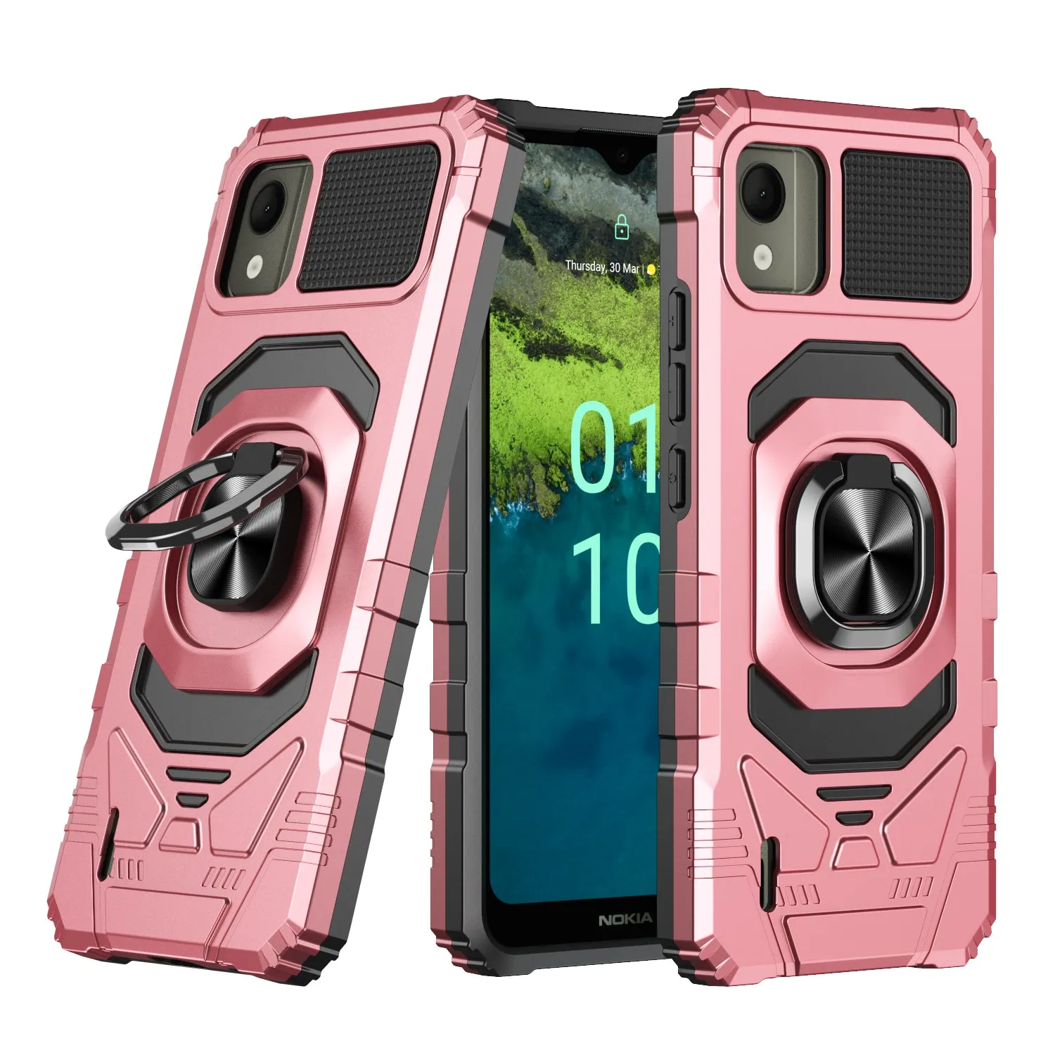 For Nokia C110 Case [Military Grade] Ring Car Mount Kickstand w/[Tempered Glass] Hybrid Hard PC Soft TPU Shockproof Protective Case - Rose Gold