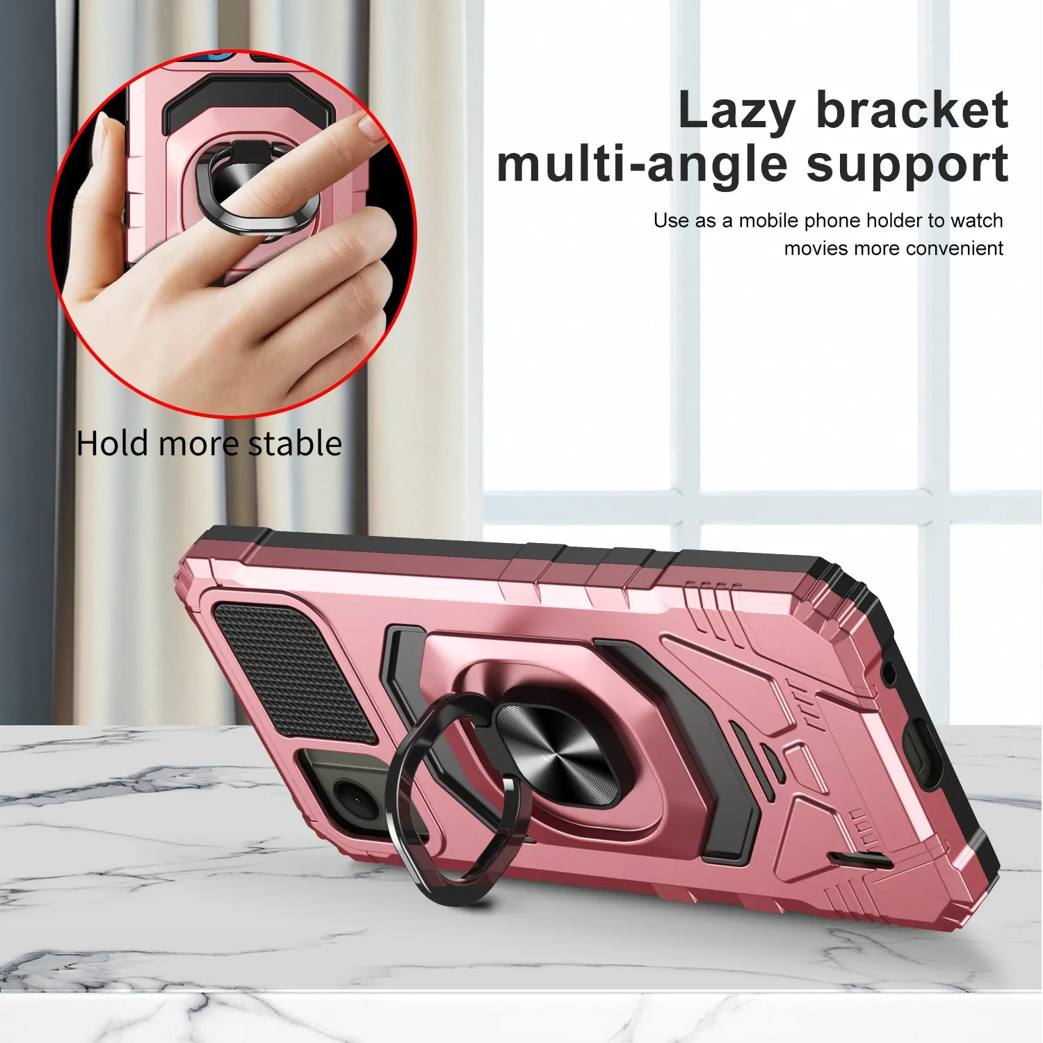 For Nokia C110 Case [Military Grade] Ring Car Mount Kickstand w/[Tempered Glass] Hybrid Hard PC Soft TPU Shockproof Protective Case - Rose Gold