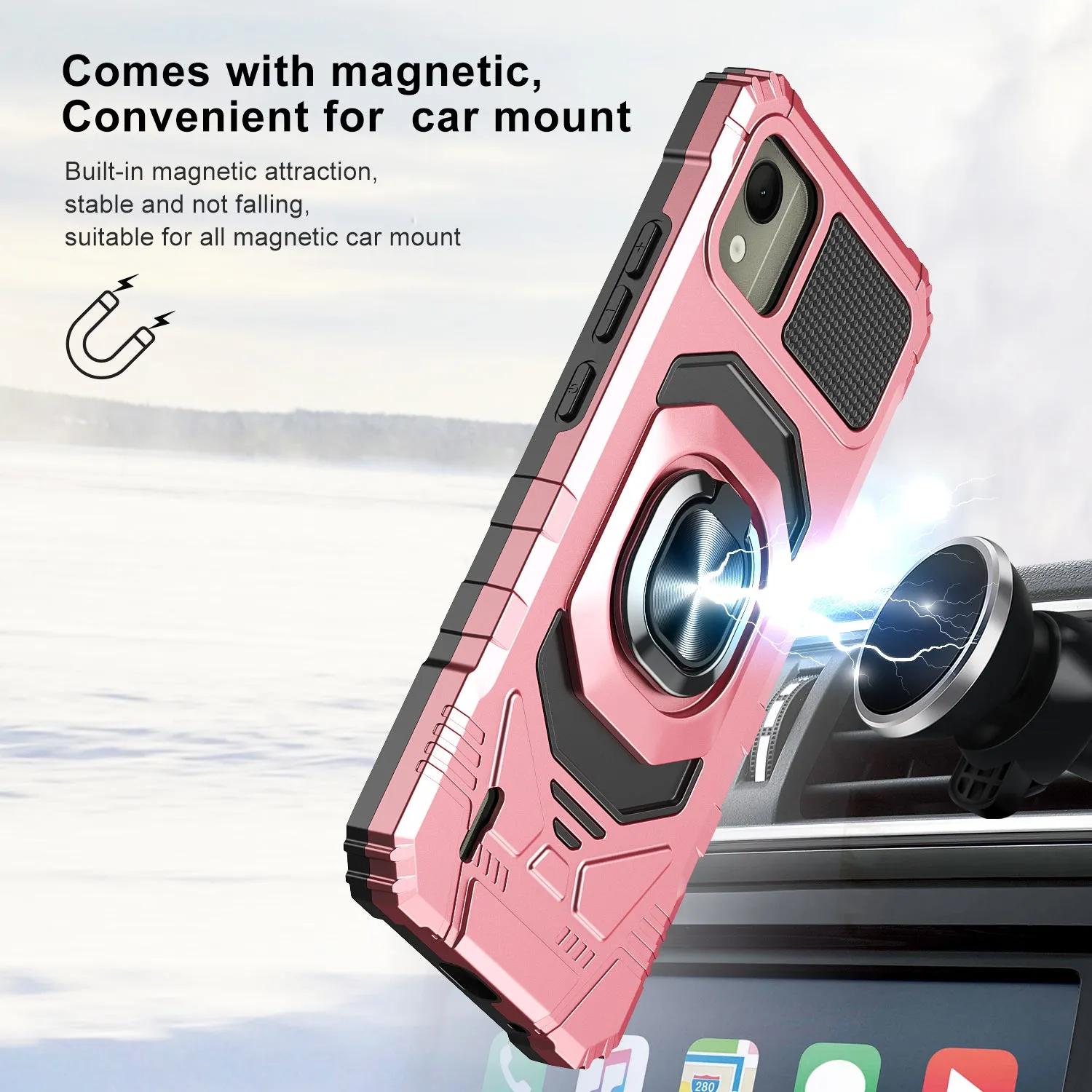 For Nokia C110 Case [Military Grade] Ring Car Mount Kickstand w/[Tempered Glass] Hybrid Hard PC Soft TPU Shockproof Protective Case - Rose Gold