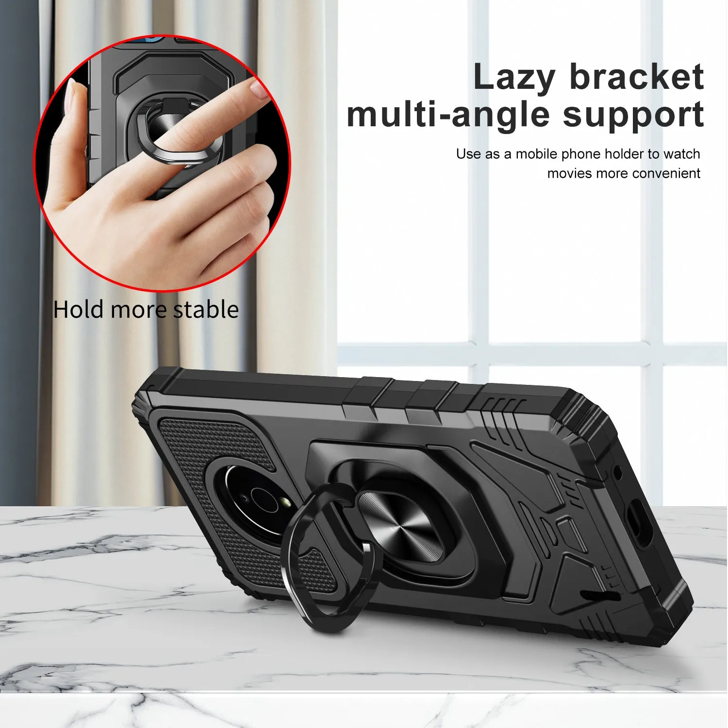 For Nokia C200 Case [Military Grade] Ring Car Mount Kickstand w/[Tempered Glass] Hybrid Hard PC Soft TPU Shockproof Protective Case - Black