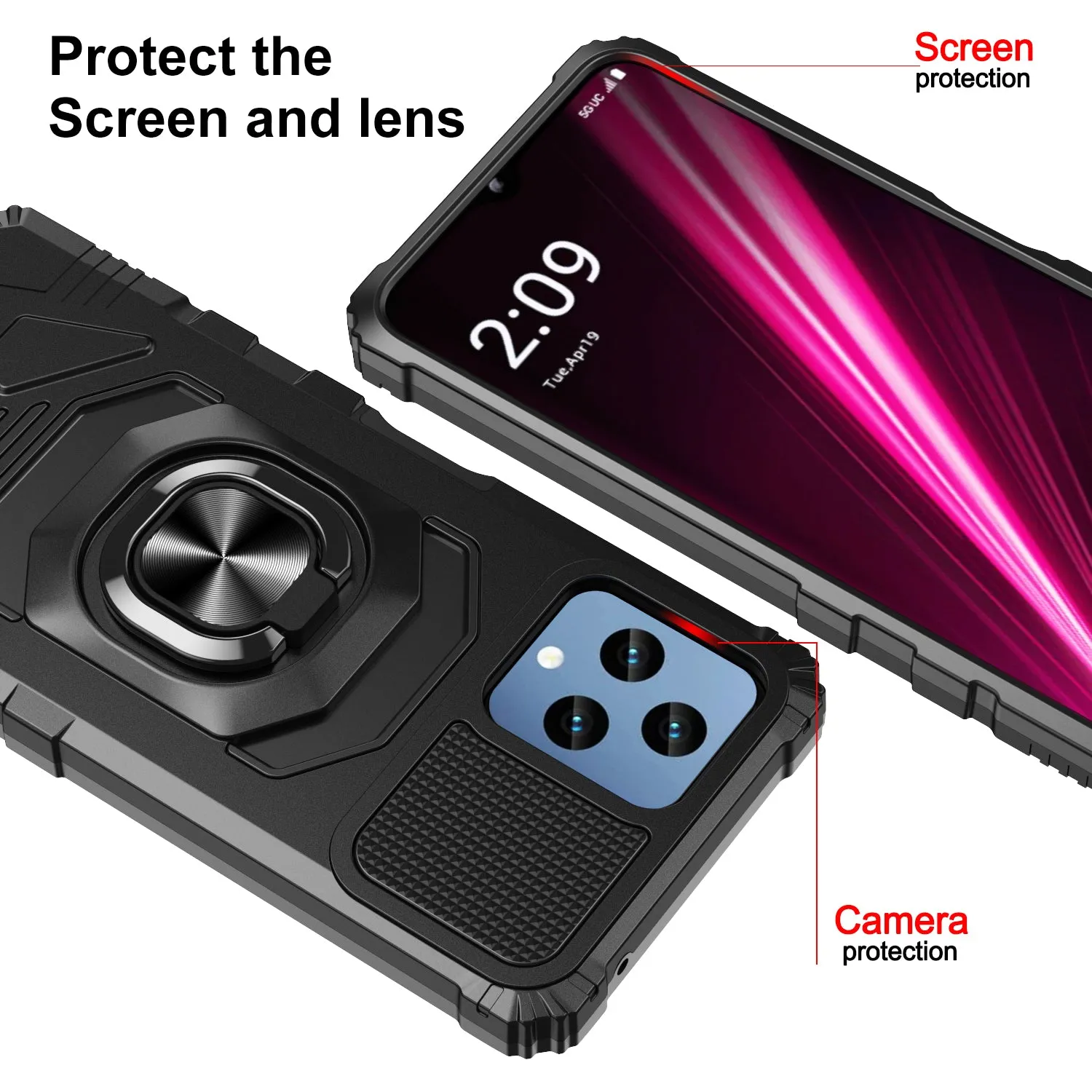 For T-Mobile REVVL 6 5G Case [Military Grade] Ring Car Mount Kickstand w/[Tempered Glass] Hybrid Hard PC Soft TPU Shockproof Protective Case - Black