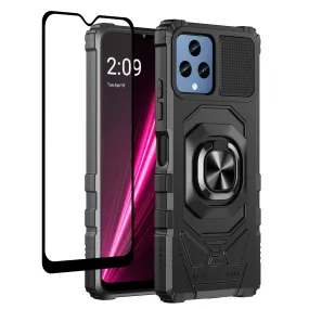 For T-Mobile REVVL 6 5G Case [Military Grade] Ring Car Mount Kickstand w/[Tempered Glass] Hybrid Hard PC Soft TPU Shockproof Protective Case - Black