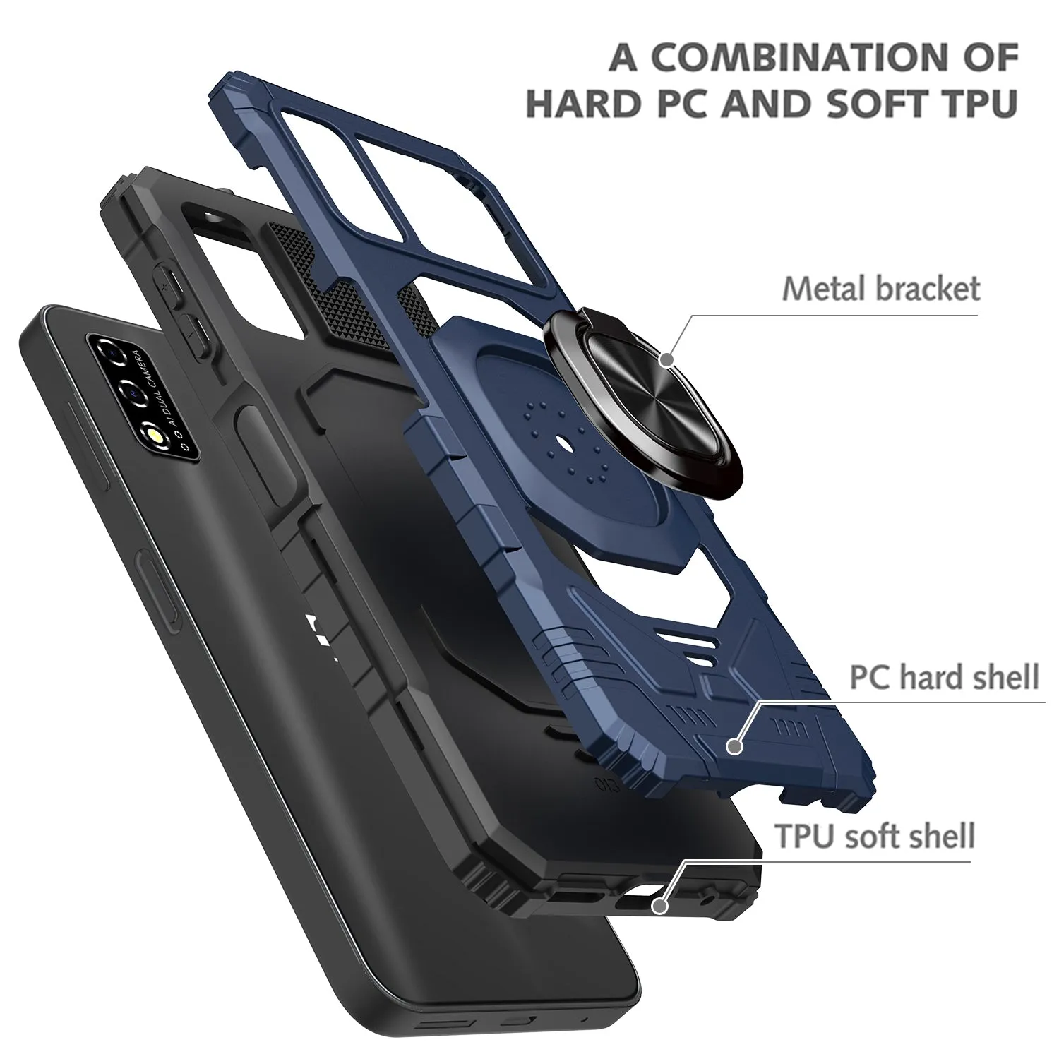 For T-Mobile REVVL V Case [Military Grade] Ring Car Mount Kickstand w/[Tempered Glass] Hybrid Hard PC Soft TPU Shockproof Protective Case - Blue