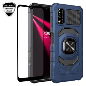 For T-Mobile REVVL V Case [Military Grade] Ring Car Mount Kickstand w/[Tempered Glass] Hybrid Hard PC Soft TPU Shockproof Protective Case - Blue