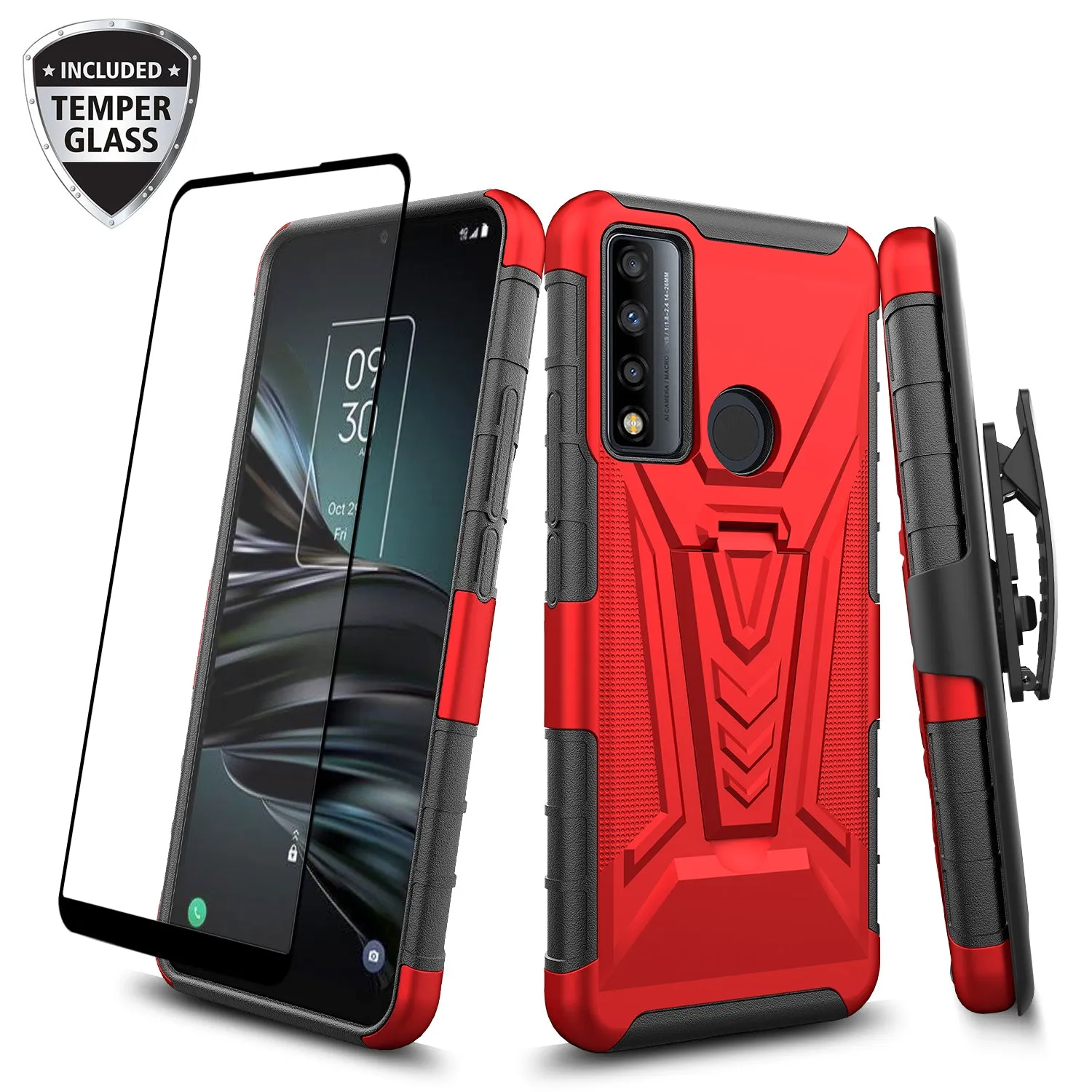 For TCL 20 A 5G / 4X 5G Case with Tempered Glass Screen Protector Heavy Duty Protective Phone Case,Built-in Kickstand Rugged Shockproof Protective Phone Case - Red