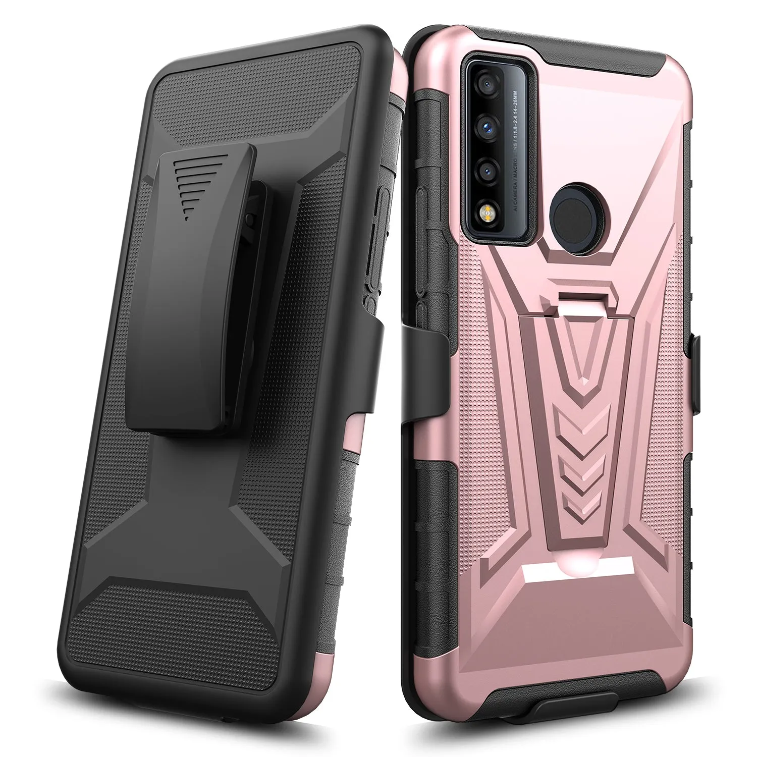 For TCL 20 XE Case with Tempered Glass Screen Protector Heavy Duty Protective Phone Case,Built-in Kickstand Rugged Shockproof Protective Phone Case - Rose Gold