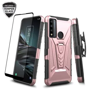 For TCL 20 XE Case with Tempered Glass Screen Protector Heavy Duty Protective Phone Case,Built-in Kickstand Rugged Shockproof Protective Phone Case - Rose Gold