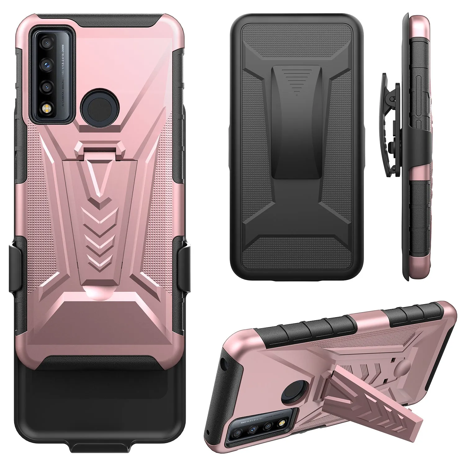 For TCL 20 XE Case with Tempered Glass Screen Protector Heavy Duty Protective Phone Case,Built-in Kickstand Rugged Shockproof Protective Phone Case - Rose Gold