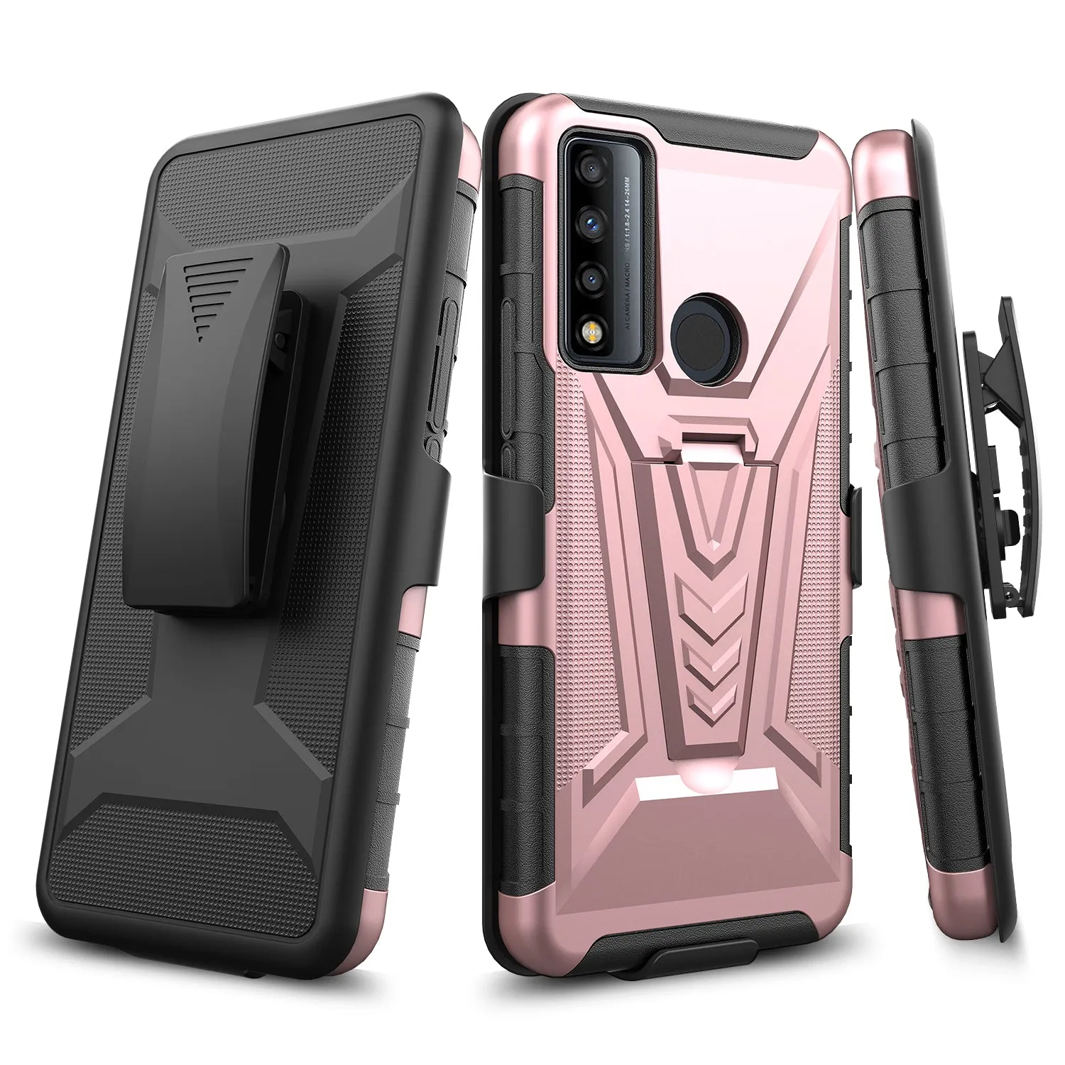 For TCL 20 XE Case with Tempered Glass Screen Protector Heavy Duty Protective Phone Case,Built-in Kickstand Rugged Shockproof Protective Phone Case - Rose Gold