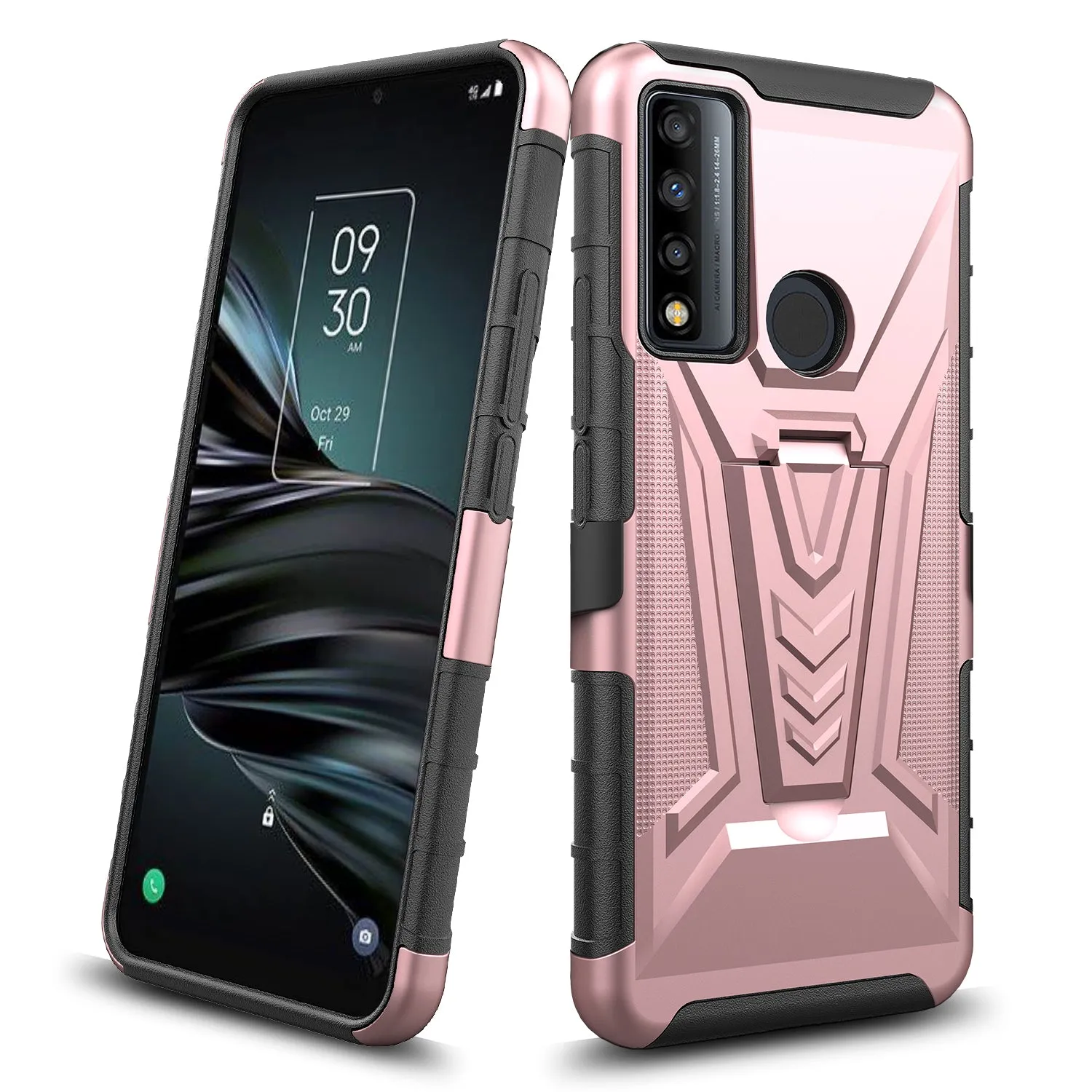 For TCL 20 XE Case with Tempered Glass Screen Protector Heavy Duty Protective Phone Case,Built-in Kickstand Rugged Shockproof Protective Phone Case - Rose Gold