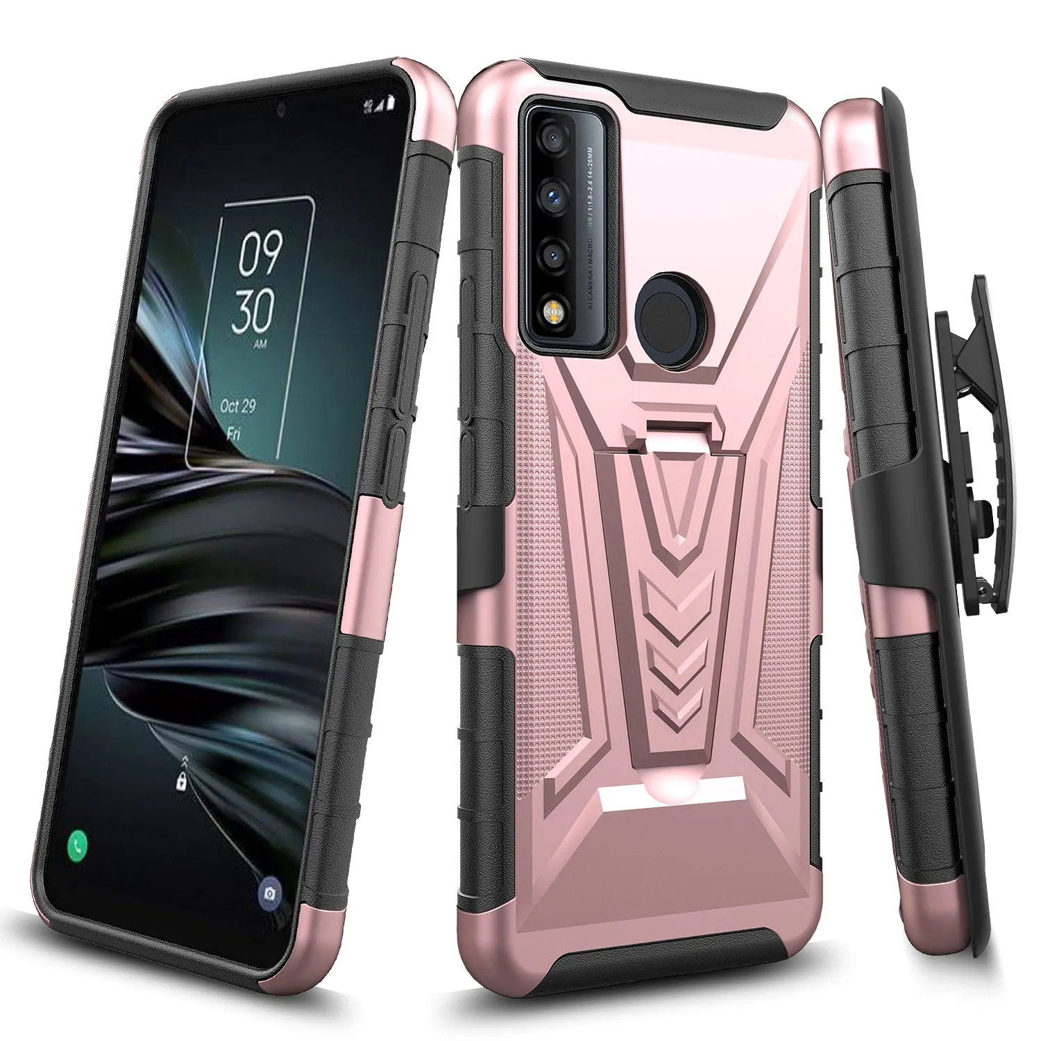 For TCL 20 XE Case with Tempered Glass Screen Protector Heavy Duty Protective Phone Case,Built-in Kickstand Rugged Shockproof Protective Phone Case - Rose Gold