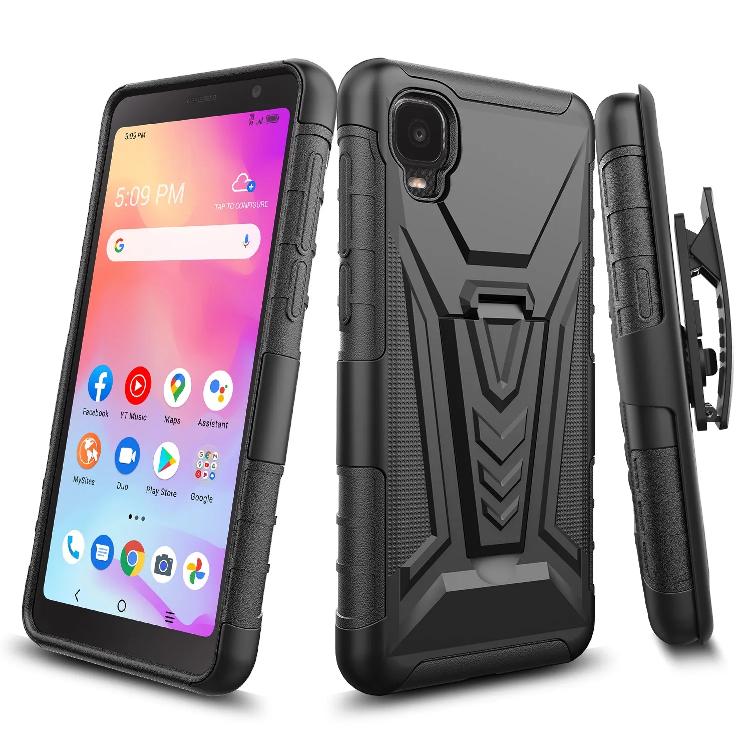 For TCL A3 Case with Tempered Glass Screen Protector Heavy Duty Protective Phone Case,Built-in Kickstand Rugged Shockproof Protective Phone Case - Black